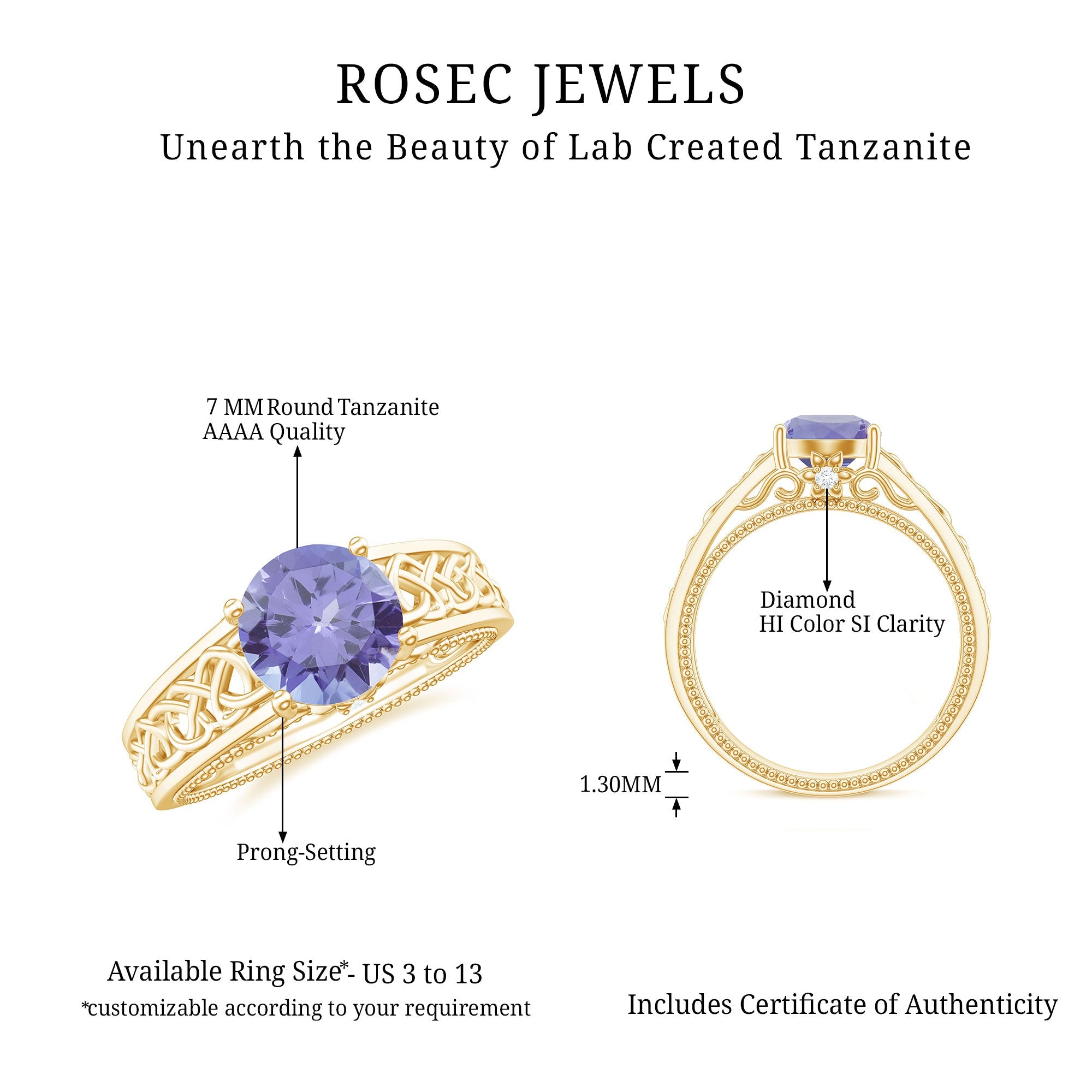 1.6 Carat Lab Created Tanzanite Engagement Ring with Celtic Design