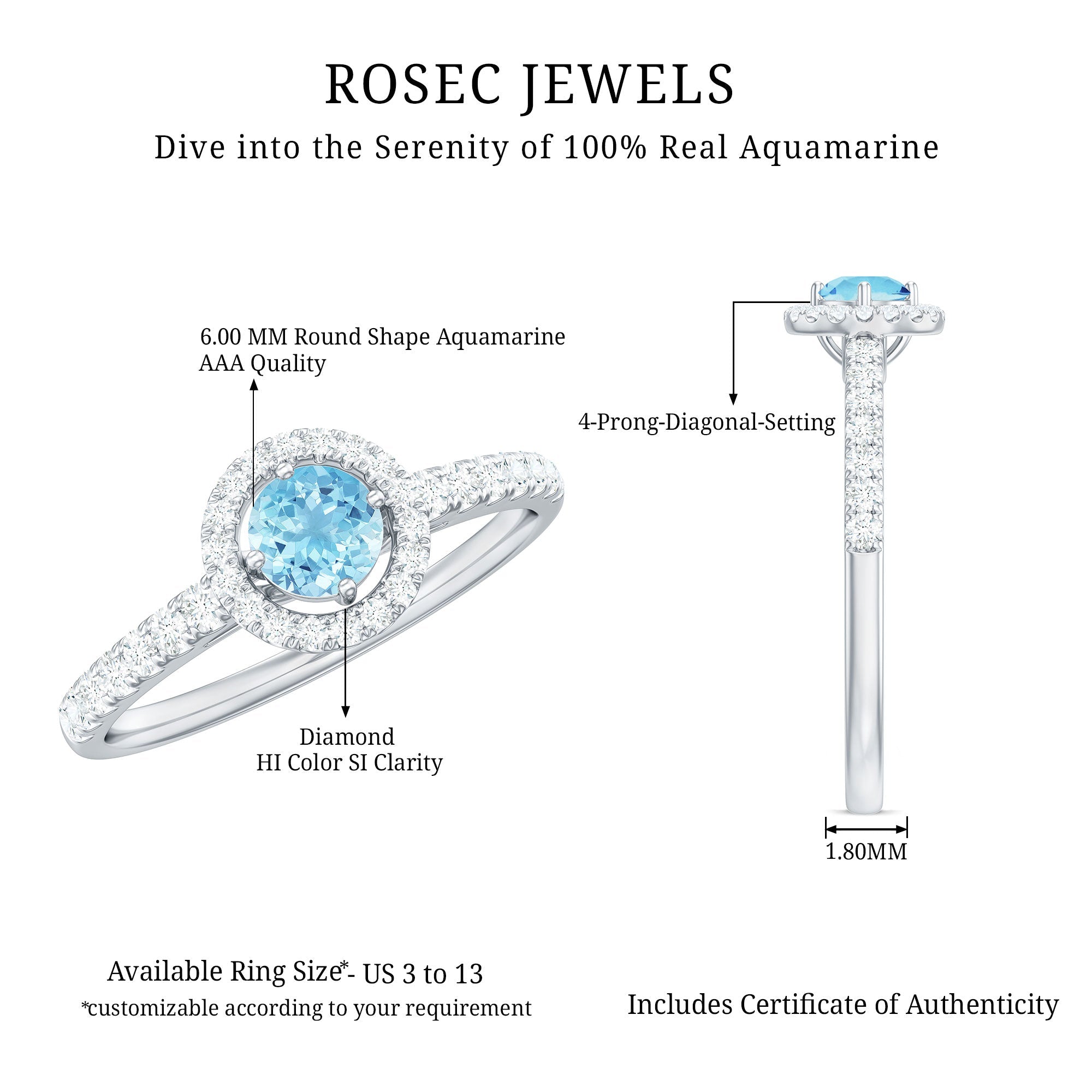 Certified Natural Aquamarine Engagement Ring with Diamond Halo
