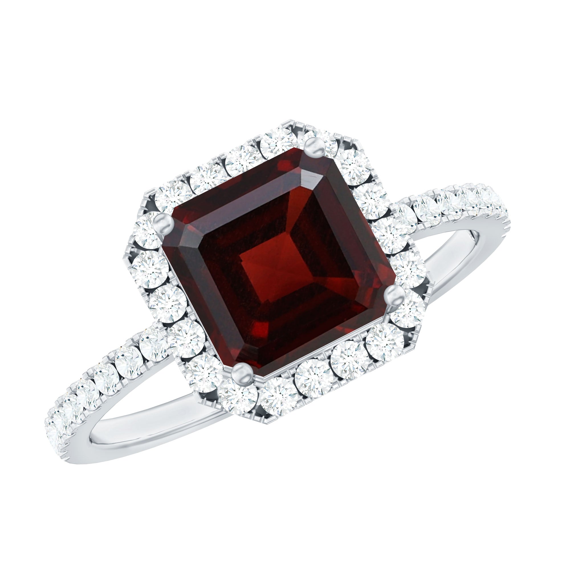 Natural 3.3 Carat Garnet Asscher Cut Engagement Ring with Diamond Halo
