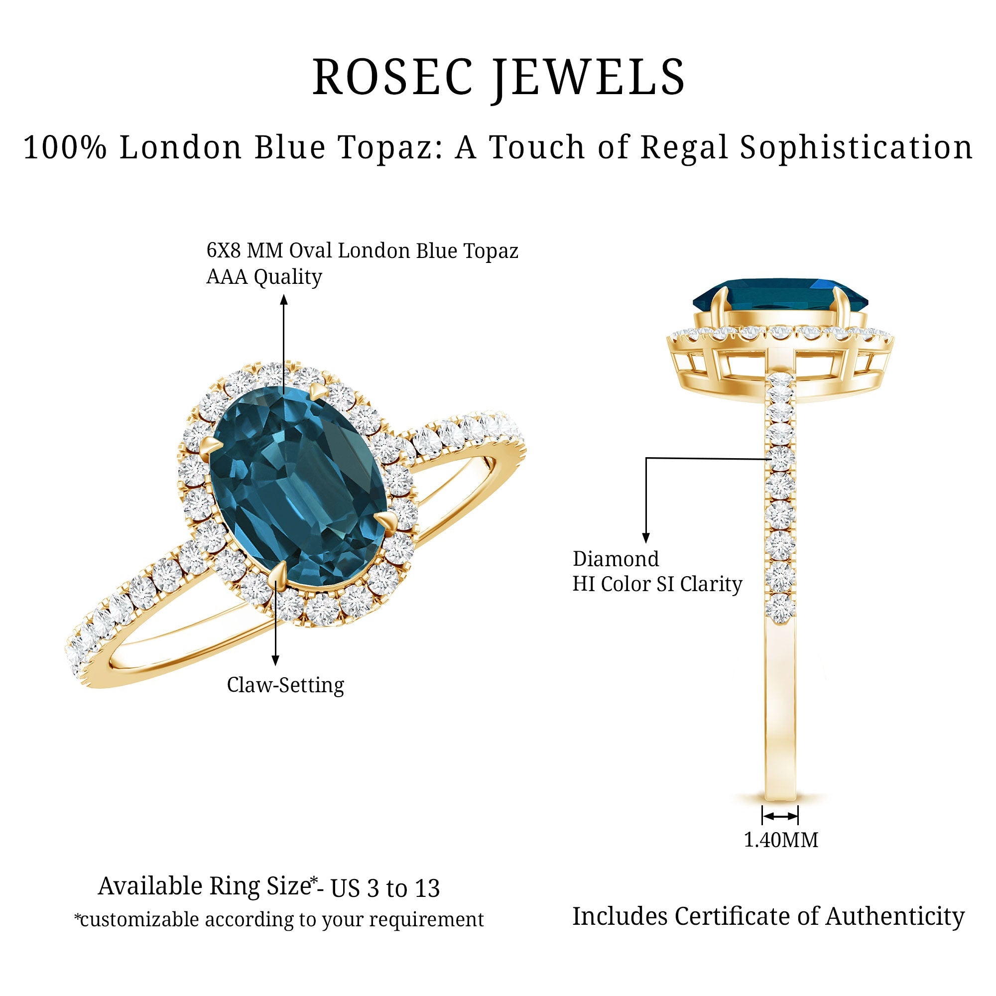 Oval 6X8MM London Blue Topaz Halo Engagement Ring