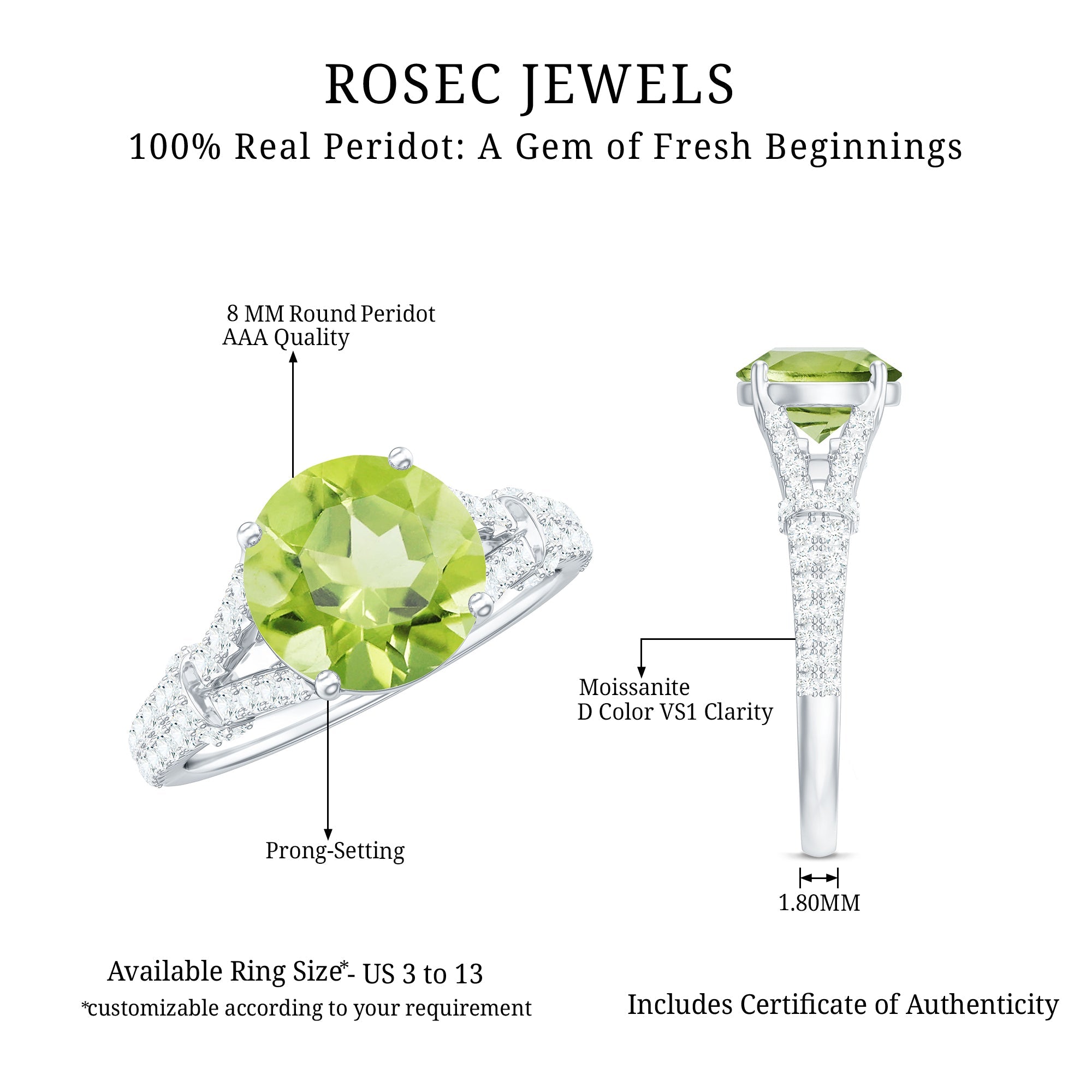 Peridot Solitaire Engagement Ring with Moissanite in Split Shank