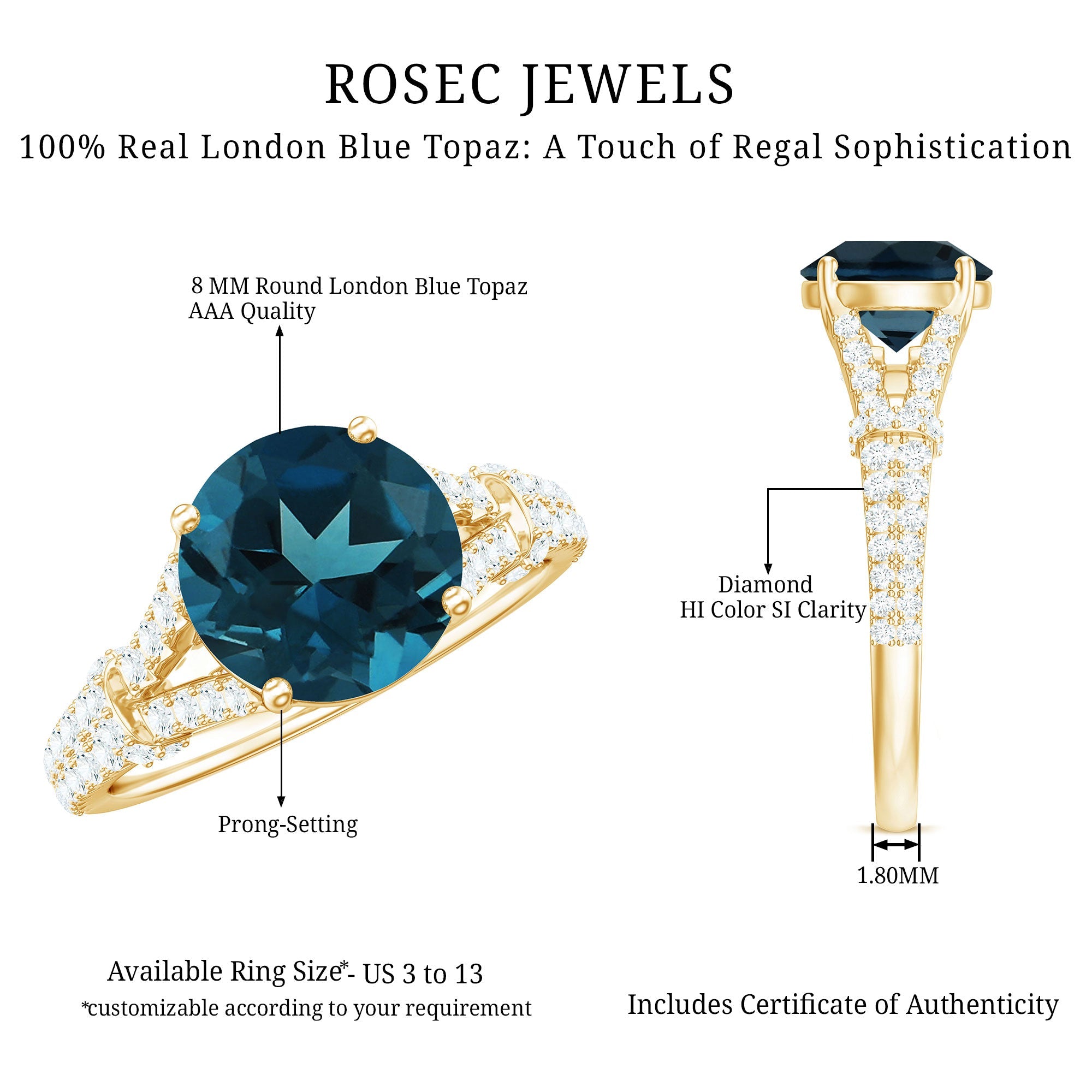 Natural London Blue Topaz Split Shank Engagement Ring