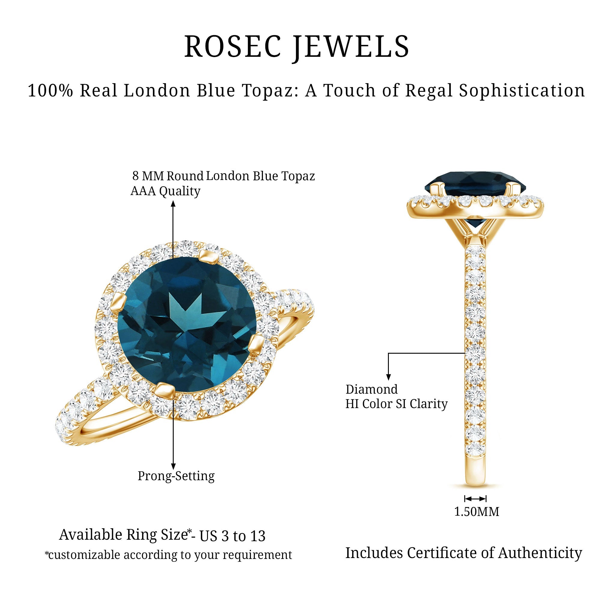 8MM London Blue Topaz Classic Engagement Ring with Diamond