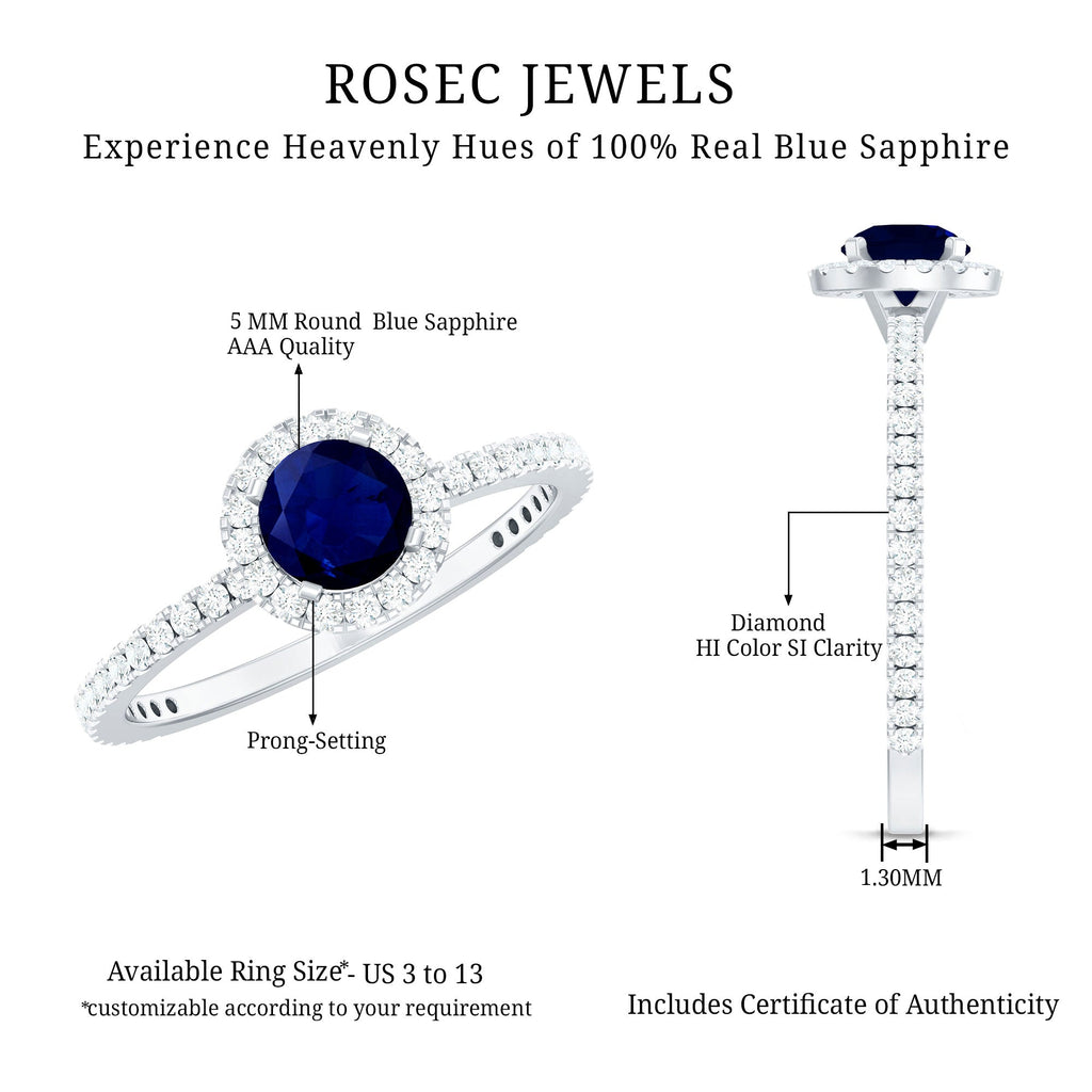 0.95 Carat Round Blue Sapphire and Diamond Halo Engagement Ring