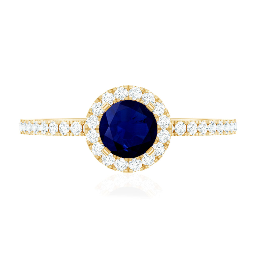 0.95 Carat Round Blue Sapphire and Diamond Halo Engagement Ring