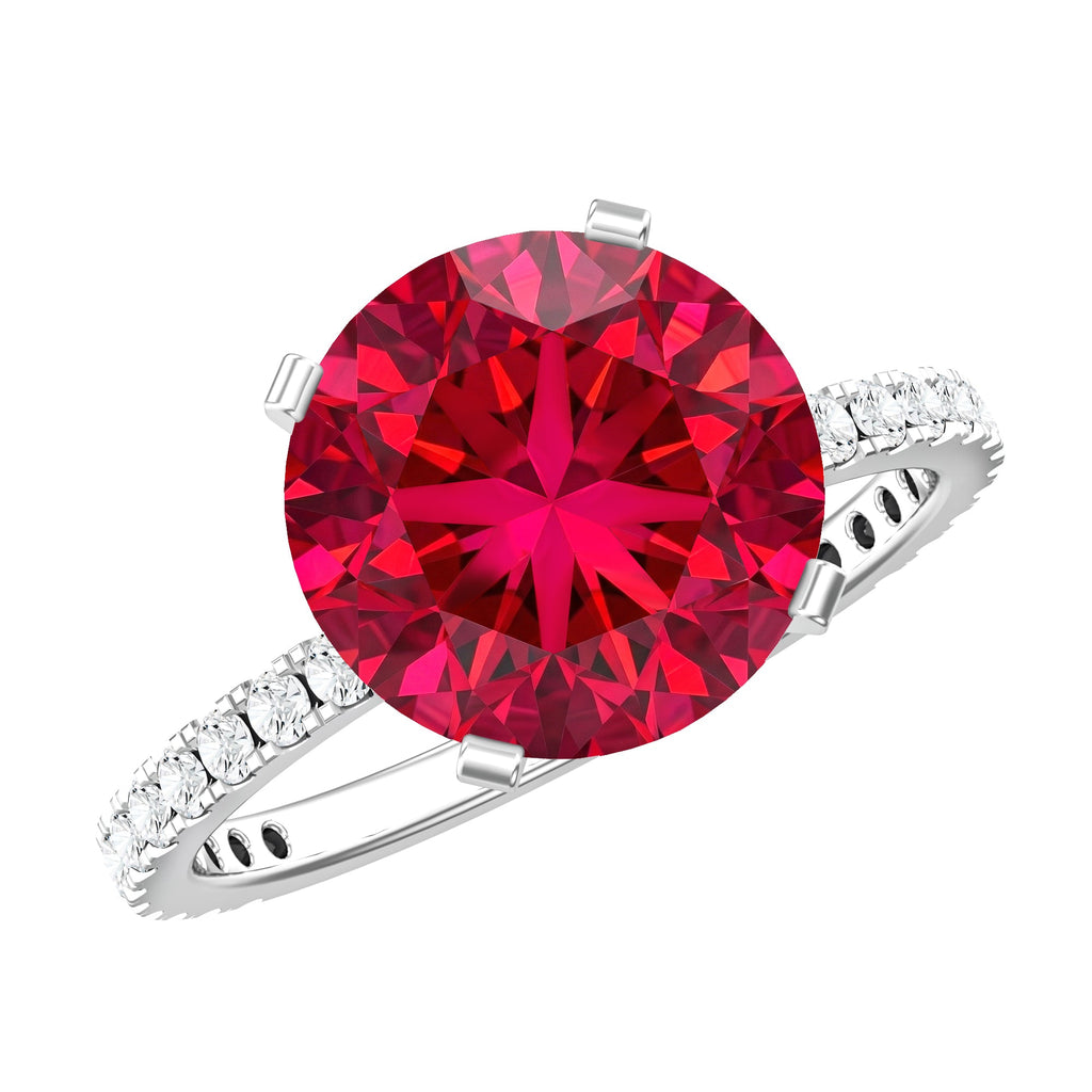 Round 5 Carat Lab Created Ruby Huge Engagement Ring with Diamond Side Stones