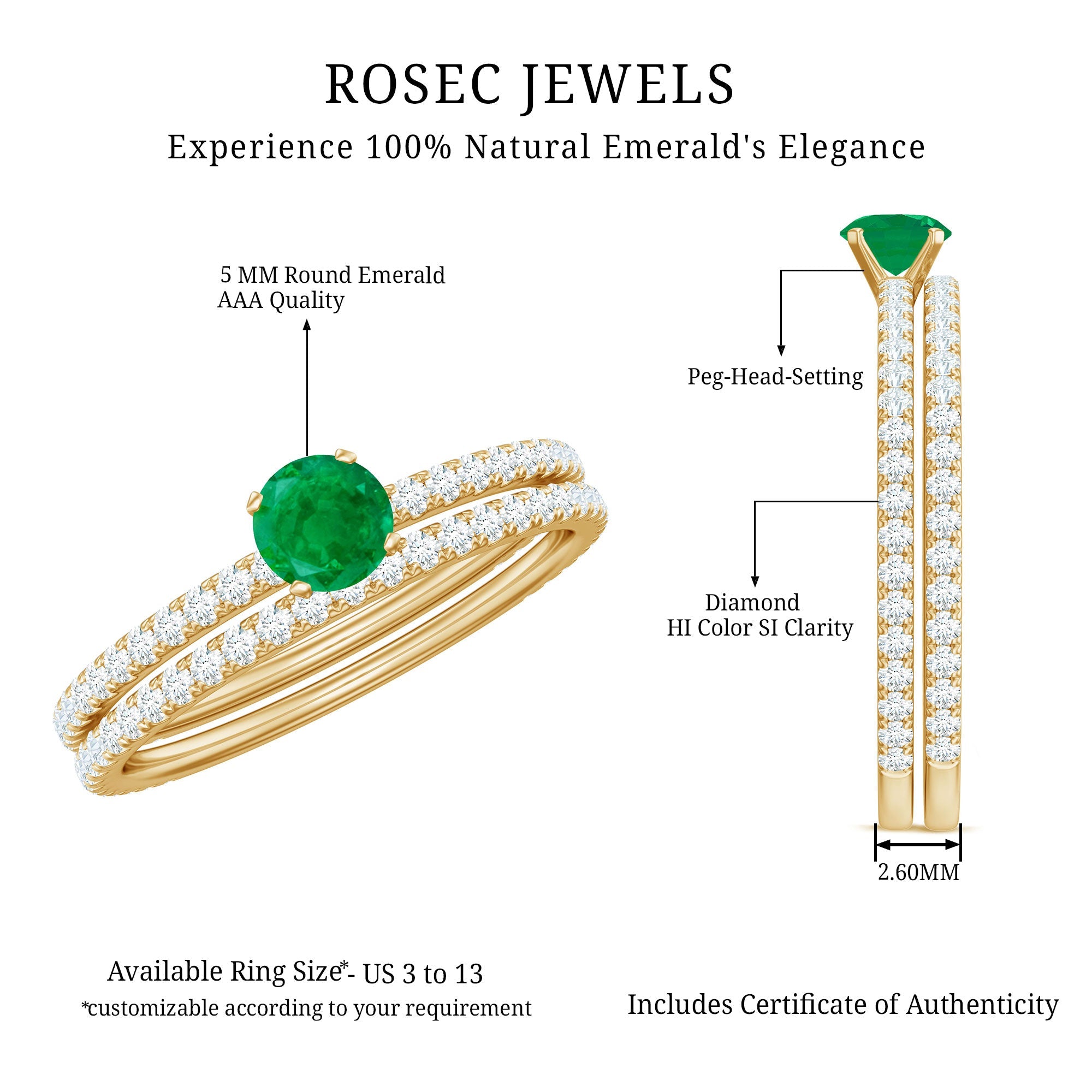Minimal Emerald Diamond Wedding Engagement Ring Set of 2