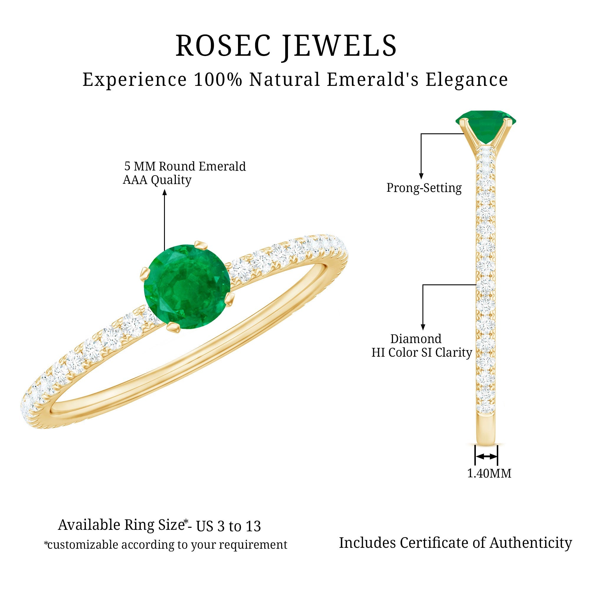 0.49 Carat Emerald Dainty Solitaire Ring with French Pave Set Diamond