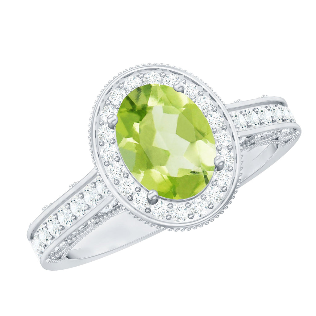 Natural Peridot and Diamond Engagement Ring with Milgrain Details