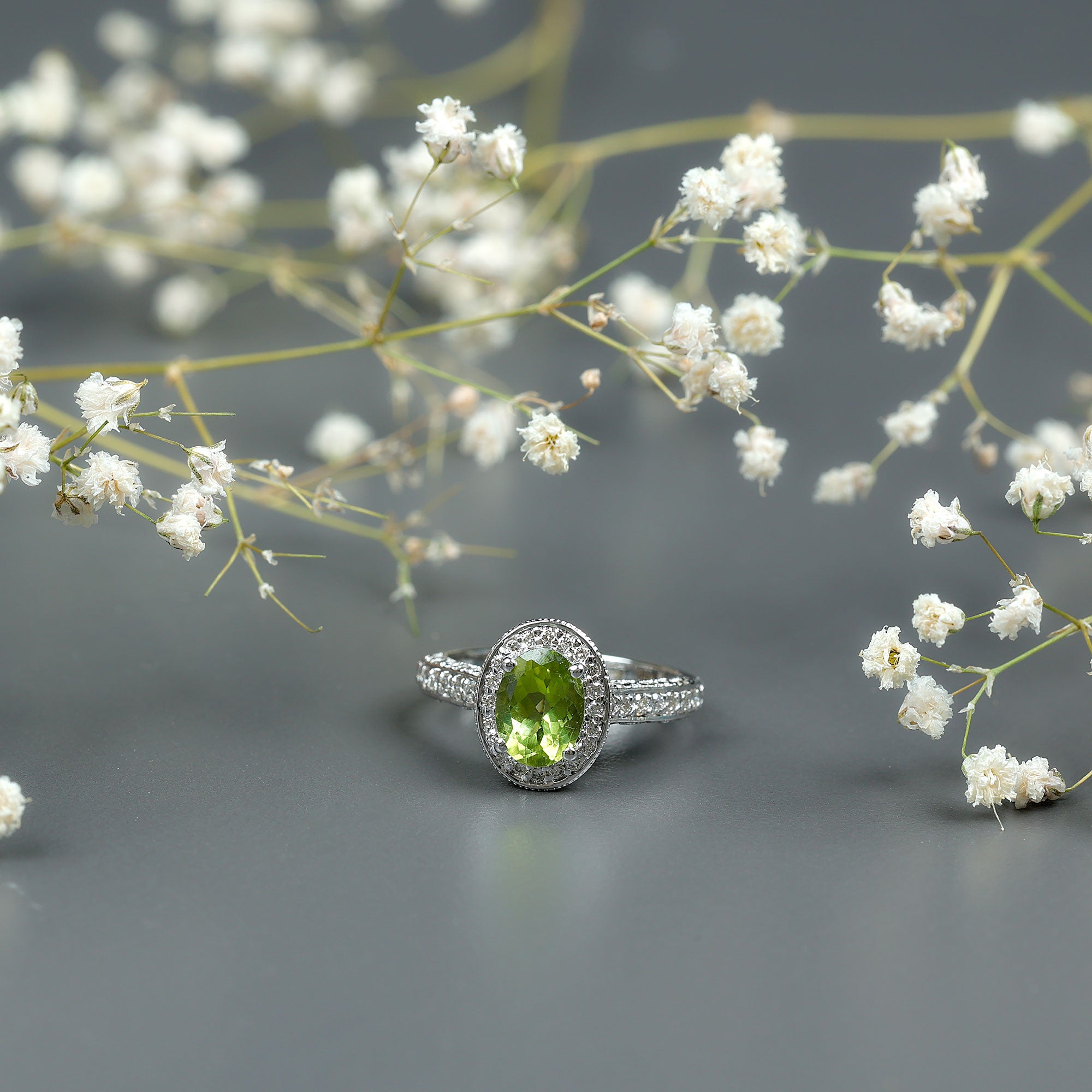 Natural Peridot and Diamond Engagement Ring with Milgrain Details