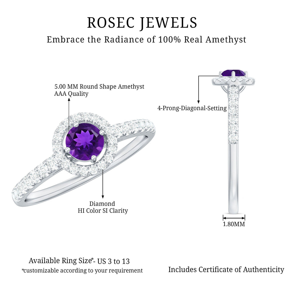 Real Amethyst Promise Ring with Diamond Halo