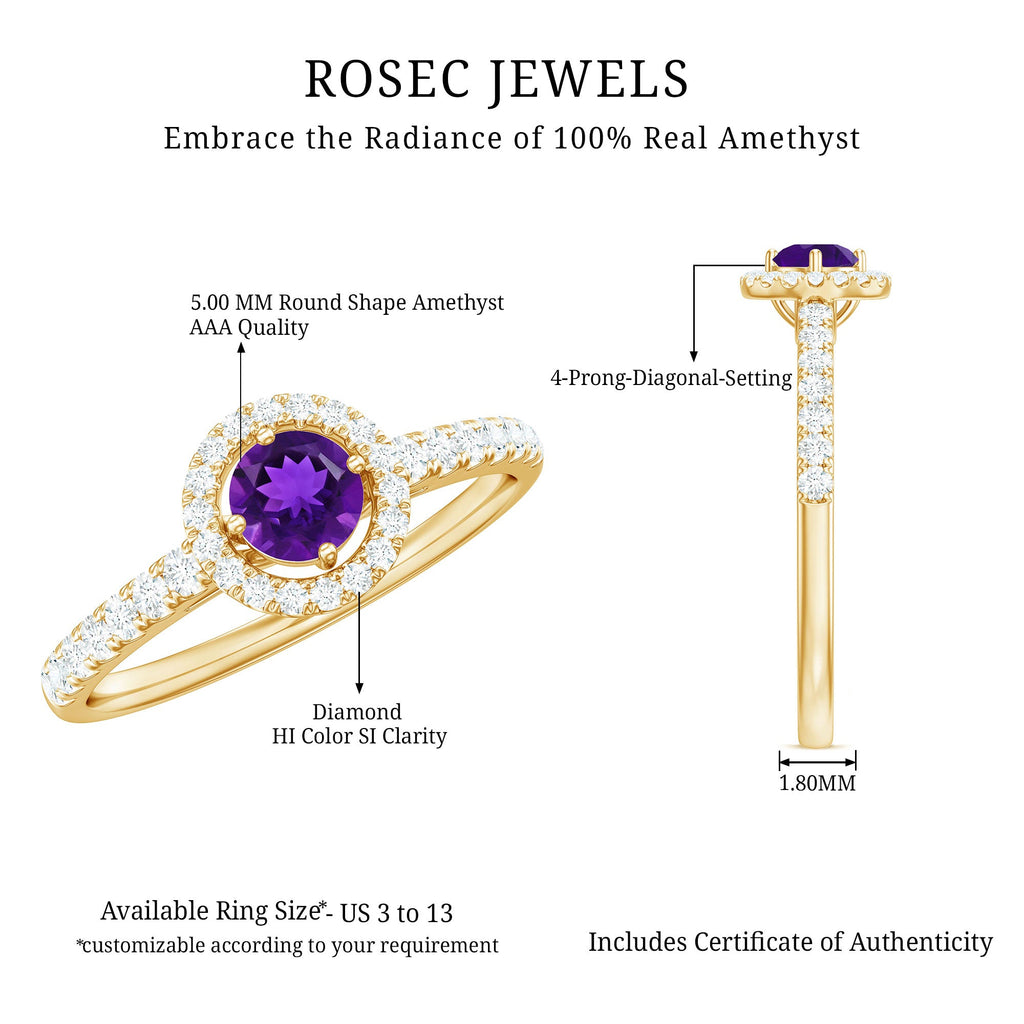 Real Amethyst Promise Ring with Diamond Halo