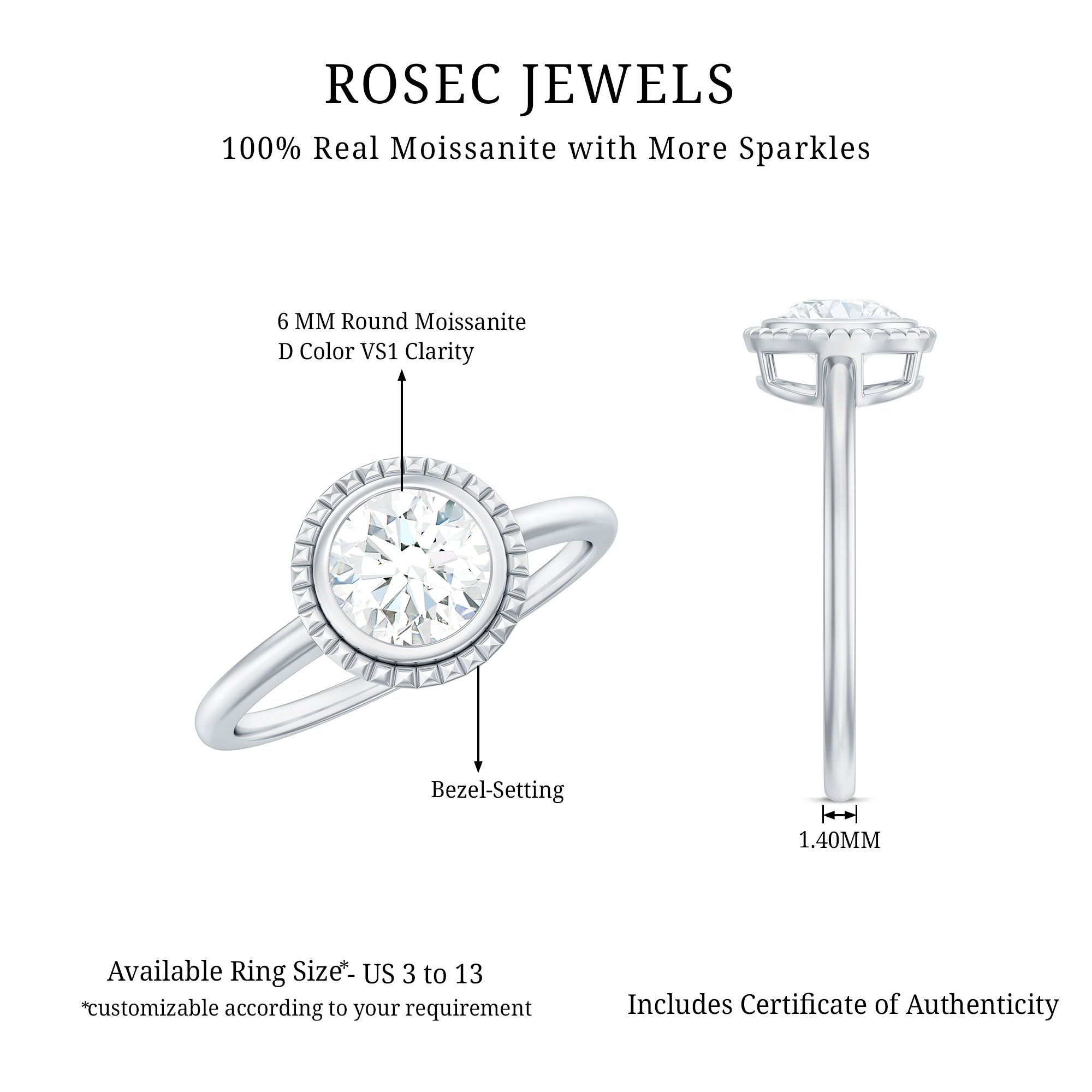 6mm Round Moissanite Solitaire Engagement Ring in Bezel Setting