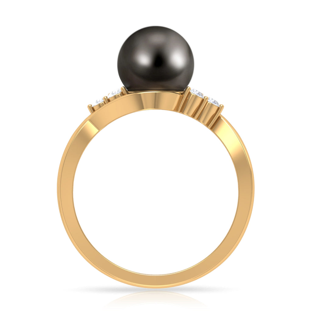 Bypass Tahitian Pearl Engagement Ring with Diamond Trio