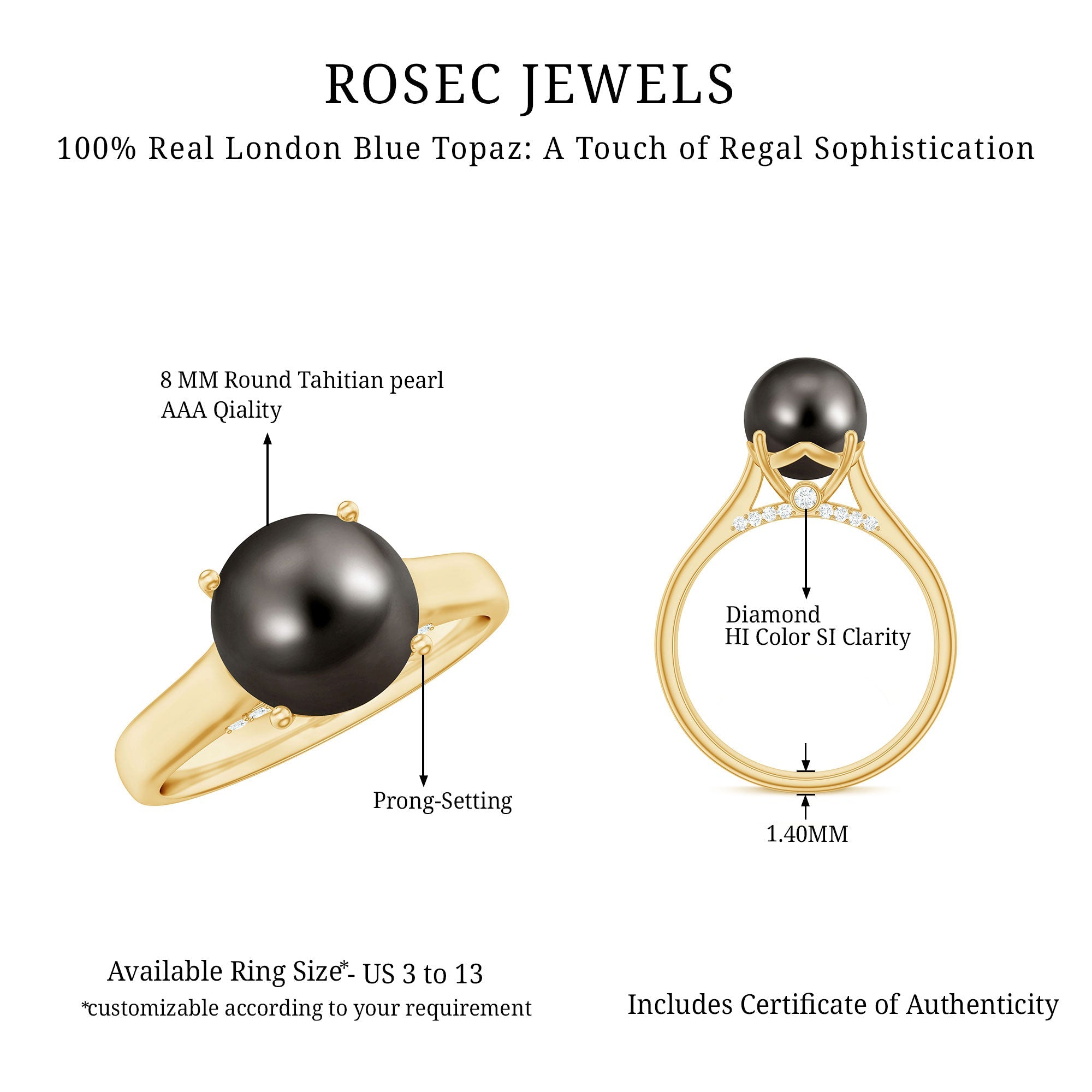 7.75 CT Classic Tahitian Pearl Solitaire Ring with Surprise Diamond
