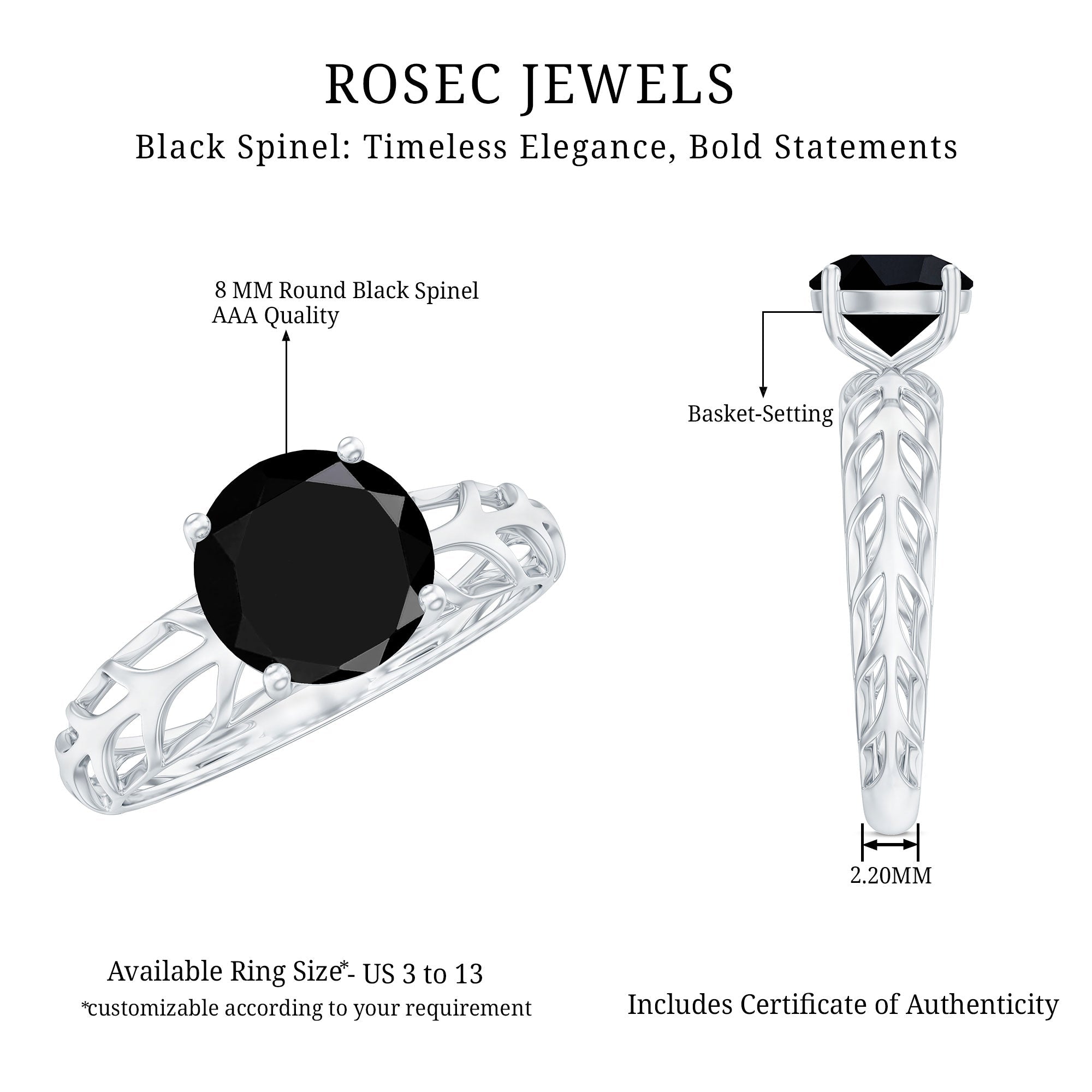 Natural 2.6 Carat Black Spinel Solitaire Engagement Ring for Women