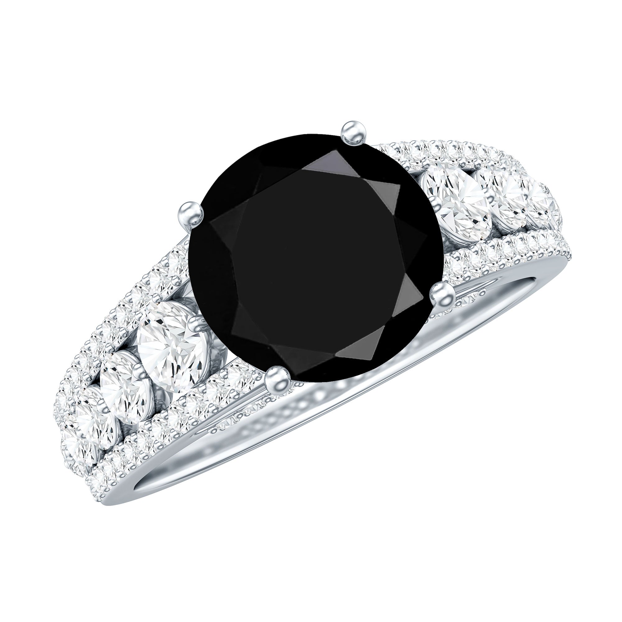 8mm Round Black Onyx Statement Engagement Ring with Moissanite Side Stones