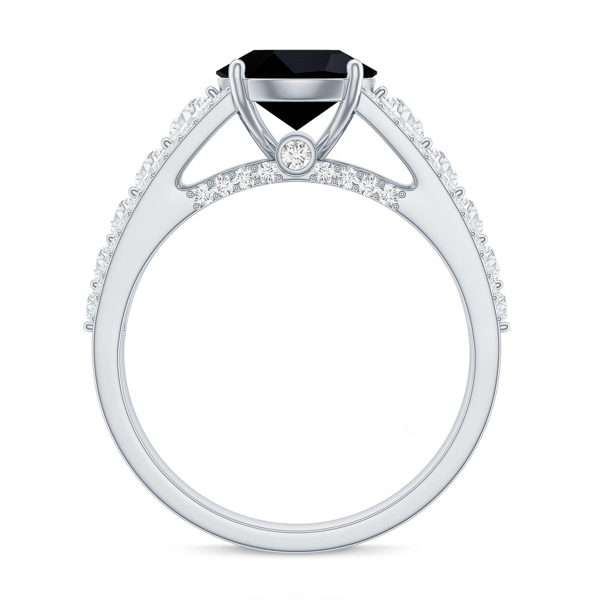 8mm Round Black Onyx Statement Engagement Ring with Moissanite Side Stones