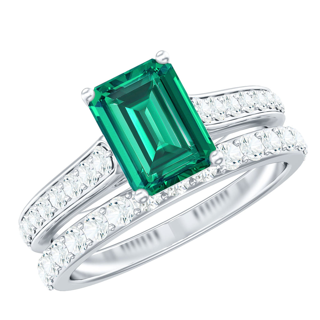 Lab Grown 1.6 Carat Emerald Cut Emerald Engagement Ring with Wedding Band