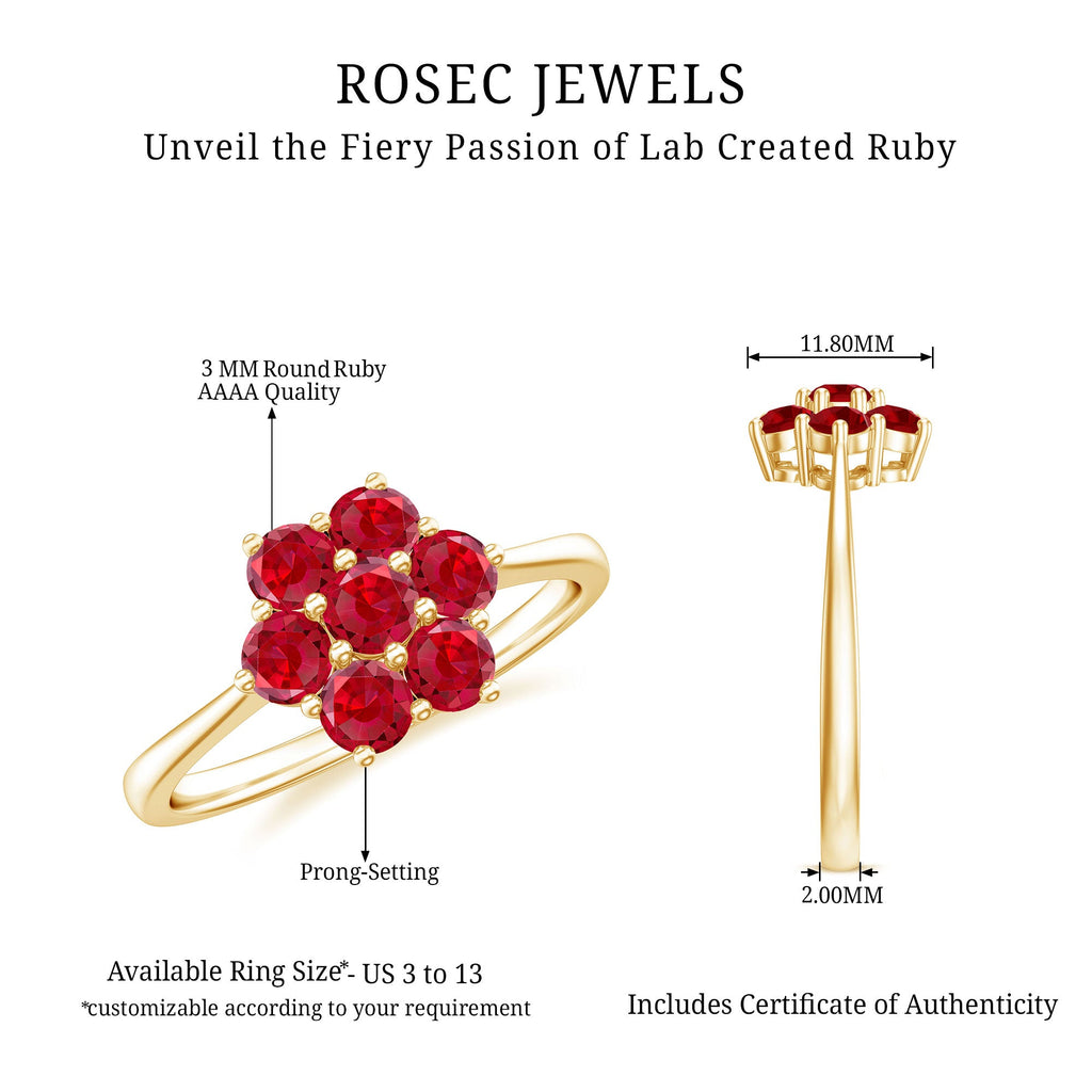 Certified Round Cut Lab Created Ruby Cluster Flower Ring