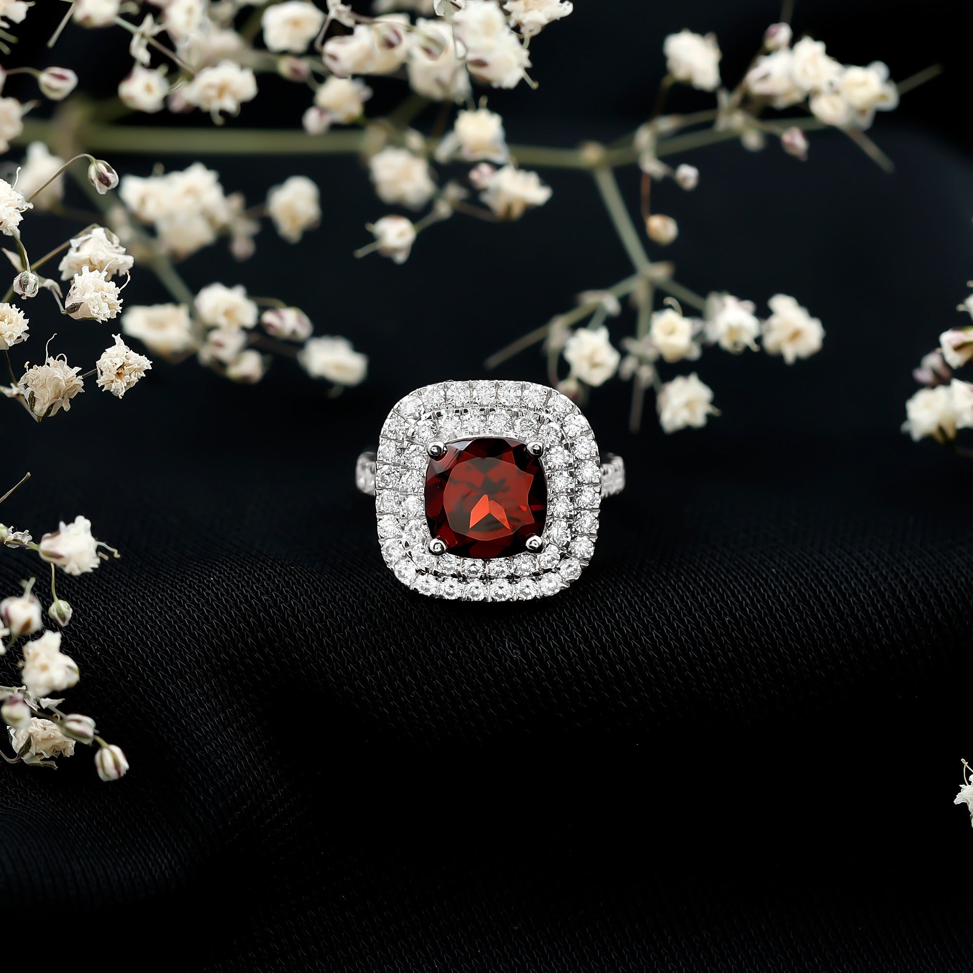 Natural Garnet Double Halo Engagement Ring with Moissanite