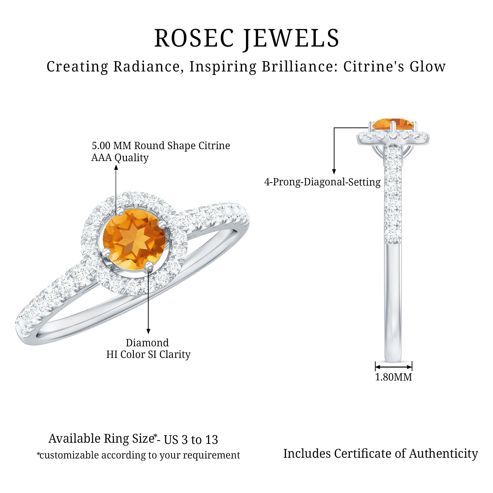 Minimalist Citrine Diamond Engagement Ring with Halo