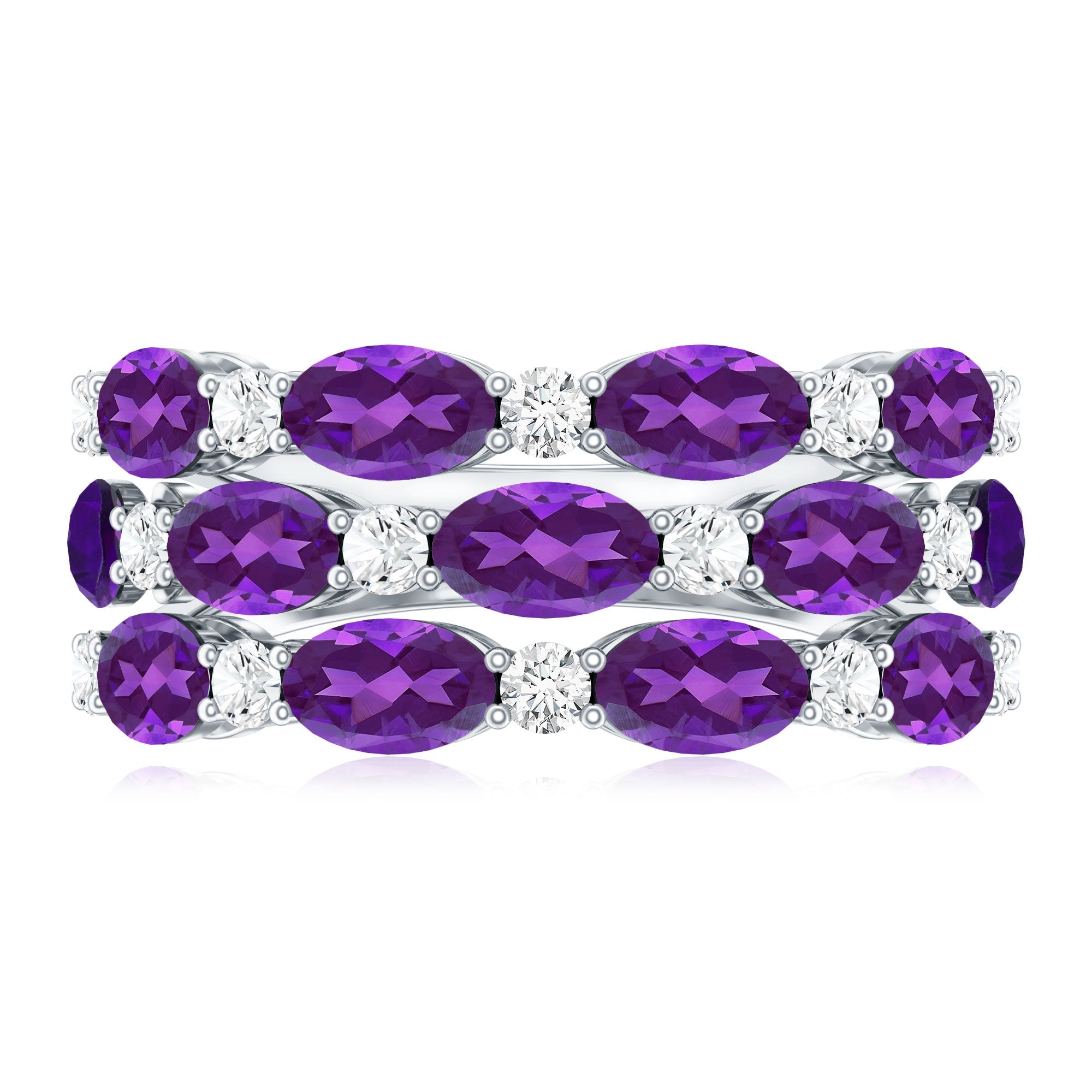 Certified Amethyst and Moissanite Three Row Wedding Band