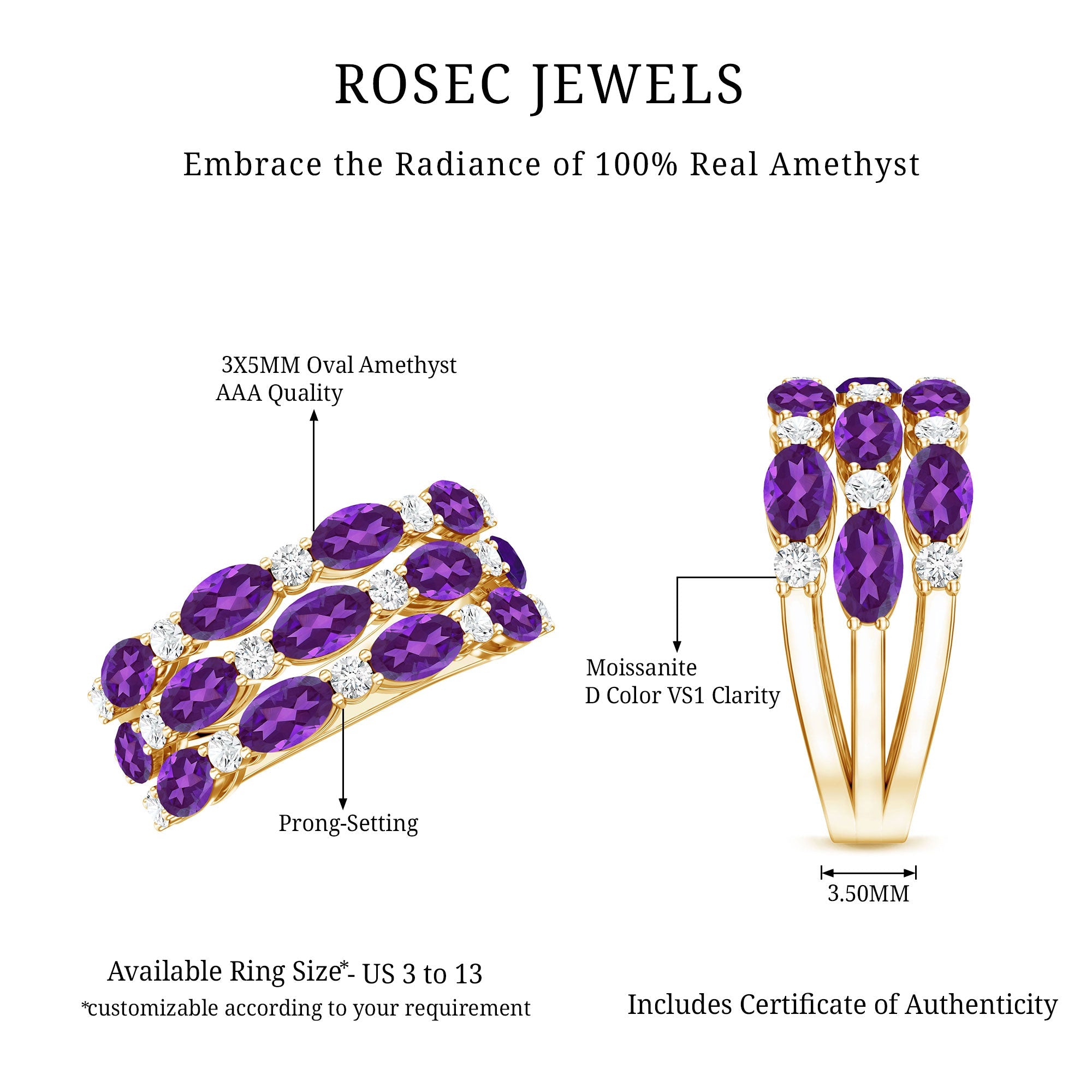 Certified Amethyst and Moissanite Three Row Wedding Band