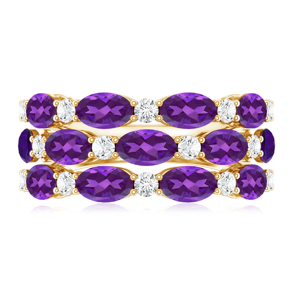 Certified Amethyst and Moissanite Three Row Wedding Band