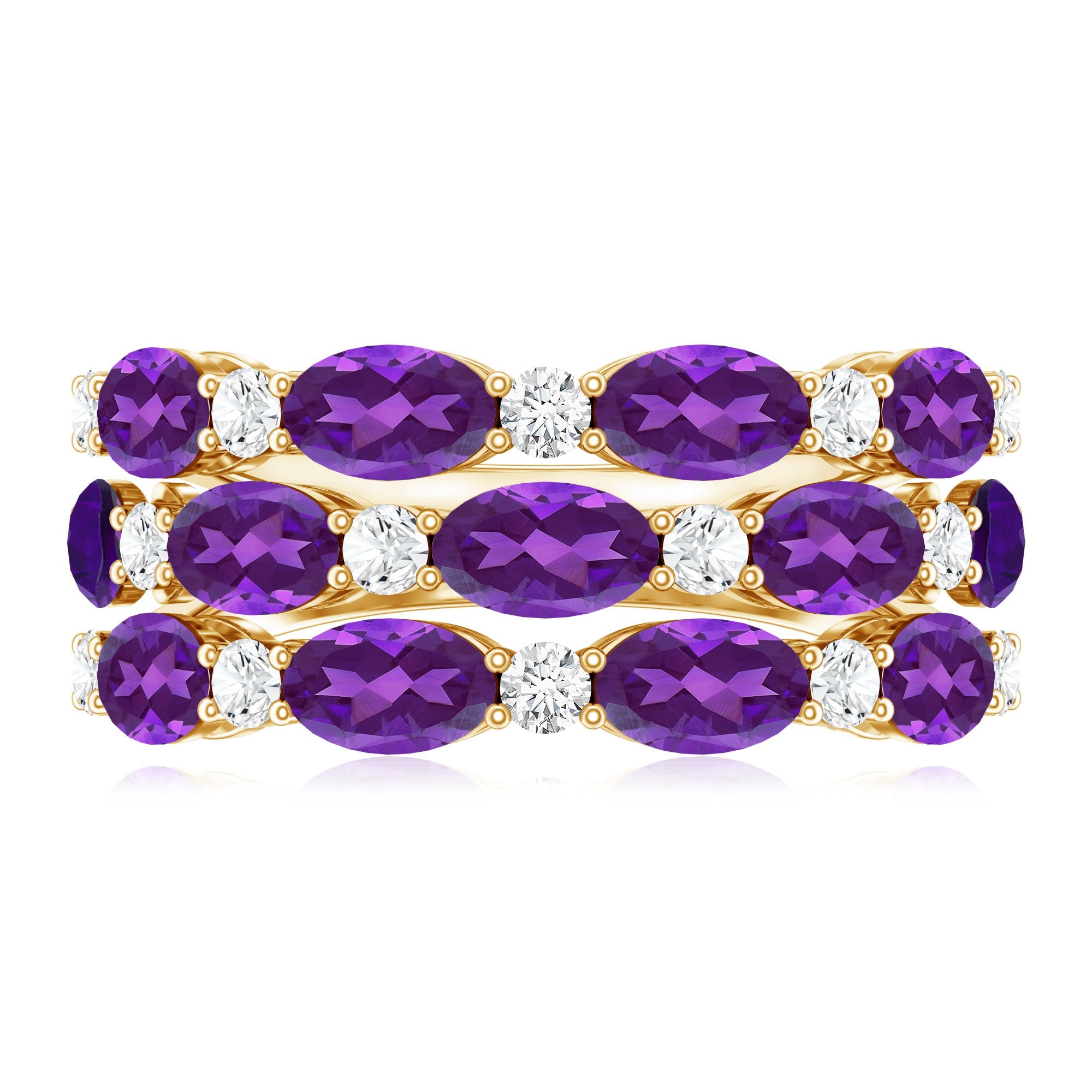 Certified Amethyst and Moissanite Three Row Wedding Band