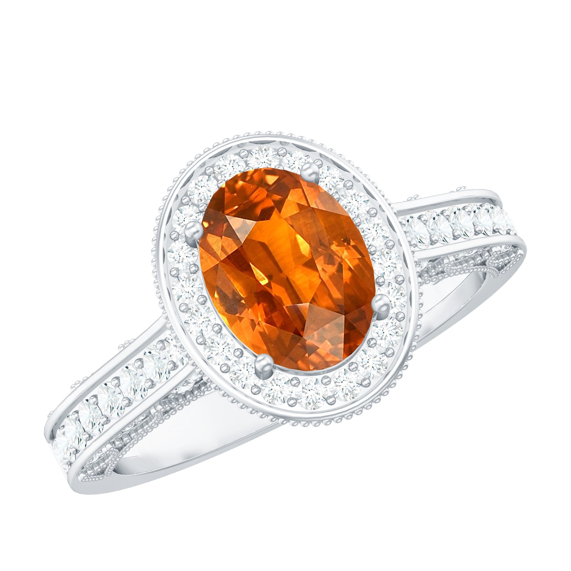 1.5 Carat Lab Grown Orange Sapphire Engagement Ring with Diamond Halo