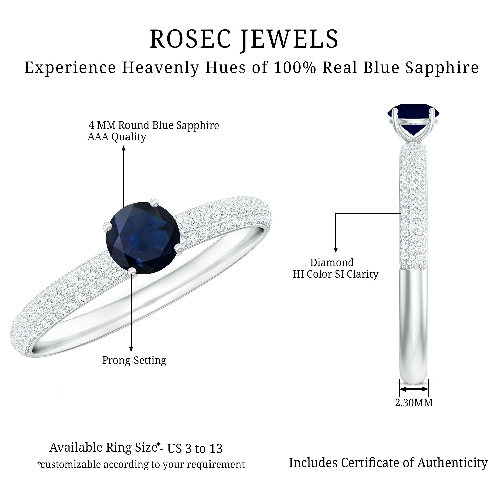 Genuine Blue Sapphire and Diamond Side Stone Engagement Ring
