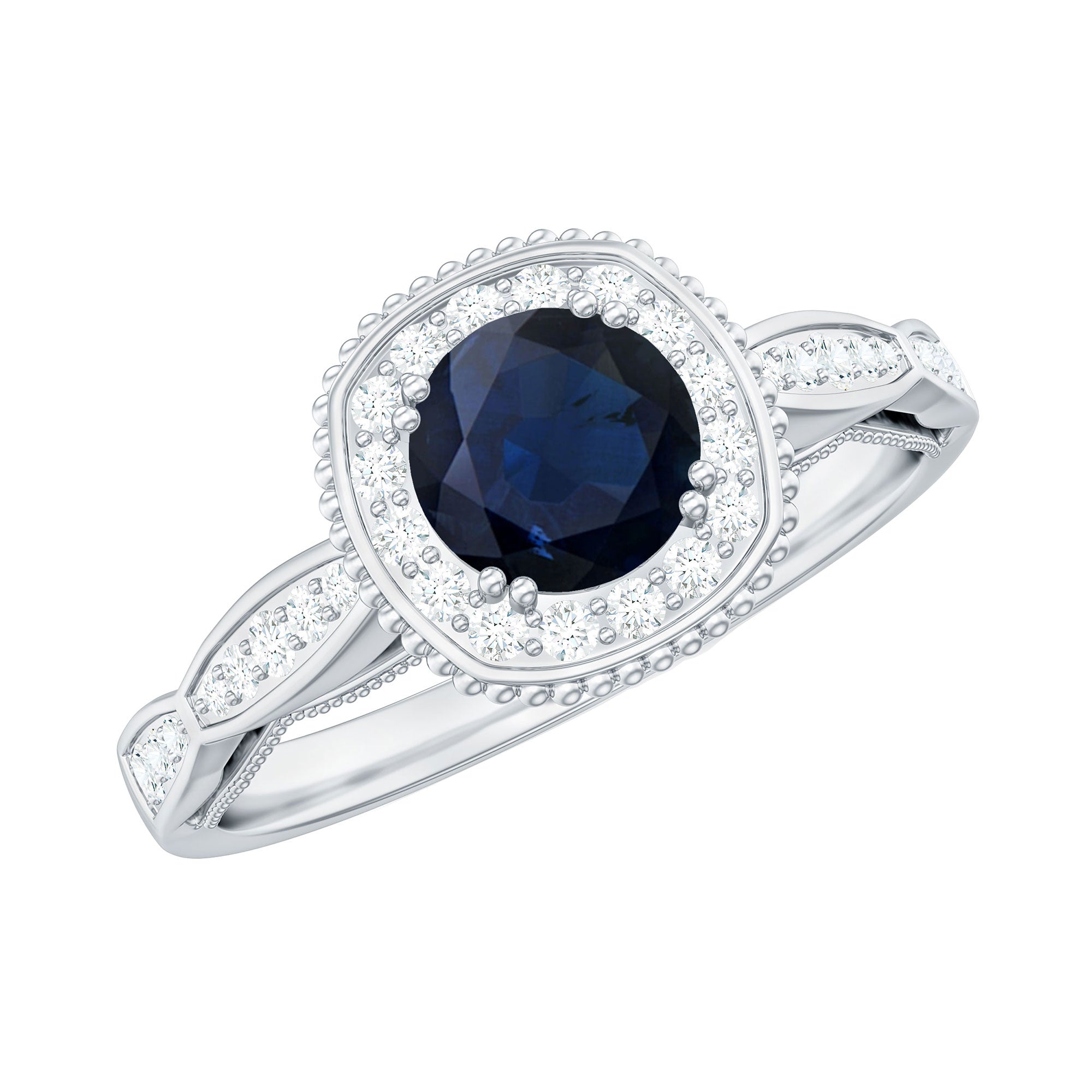 Round 0.9 Carat Blue Sapphire Antique Engagement Ring with Diamond Halo