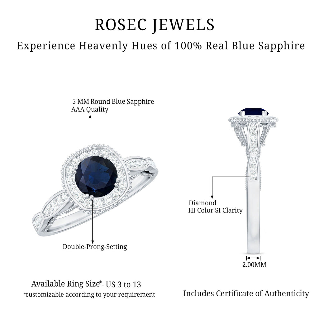 Round 0.9 Carat Blue Sapphire Antique Engagement Ring with Diamond Halo