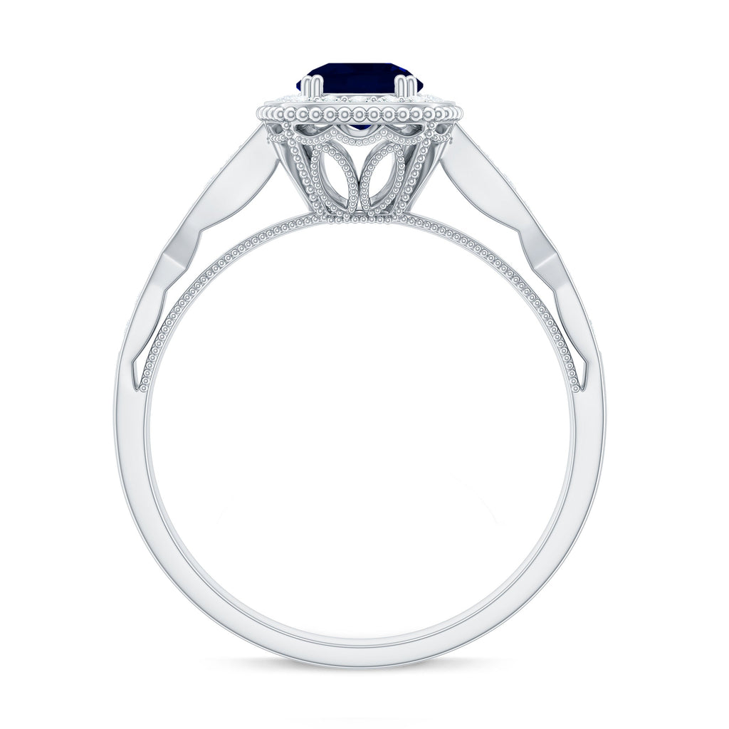 Round 0.9 Carat Blue Sapphire Antique Engagement Ring with Diamond Halo