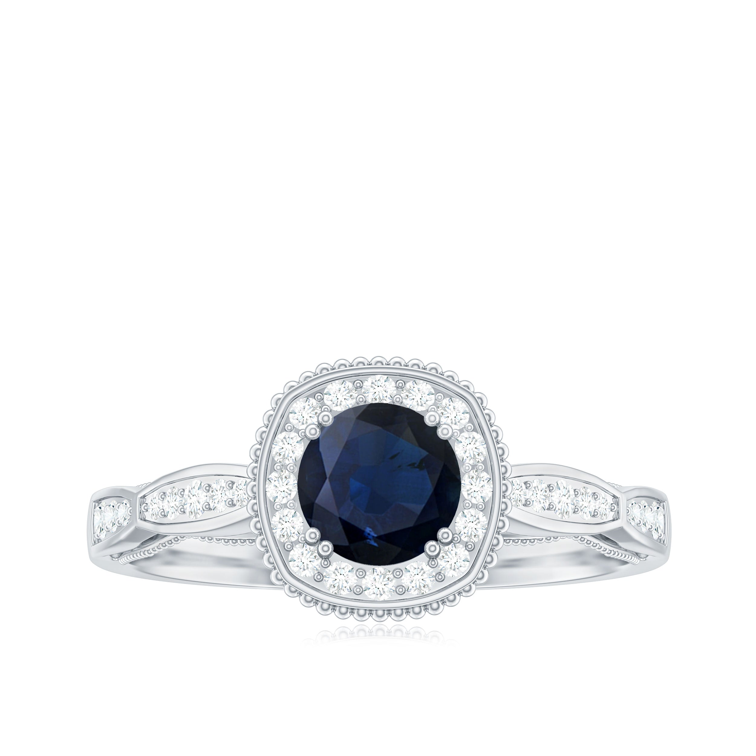 Round 0.9 Carat Blue Sapphire Antique Engagement Ring with Diamond Halo
