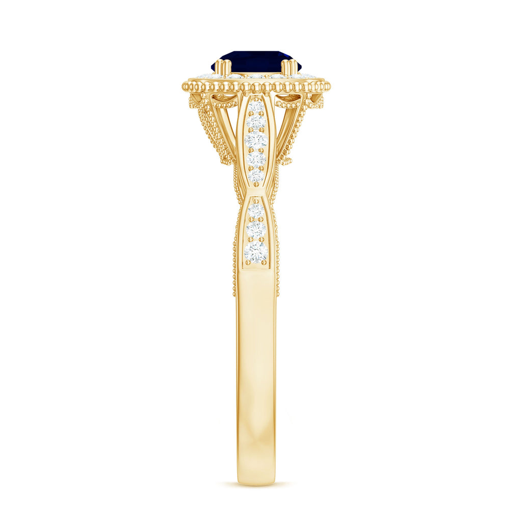Round 0.9 Carat Blue Sapphire Antique Engagement Ring with Diamond Halo