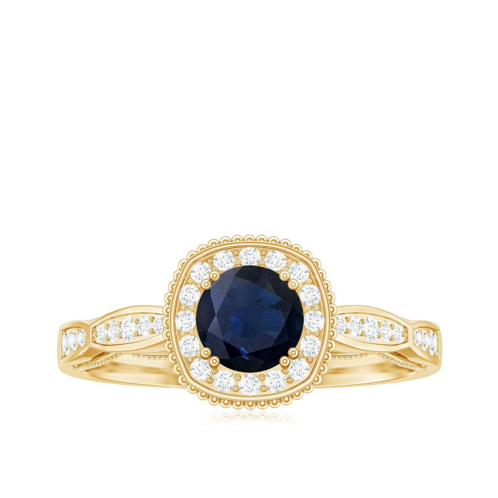 Round 0.9 Carat Blue Sapphire Antique Engagement Ring with Diamond Halo