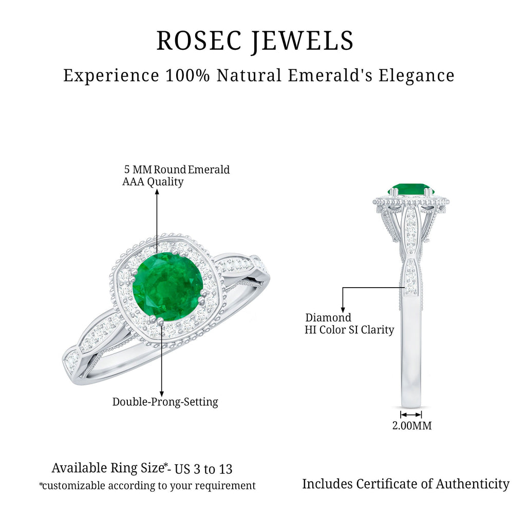 Emerald Vintage Looking Engagement Ring with Diamond Halo