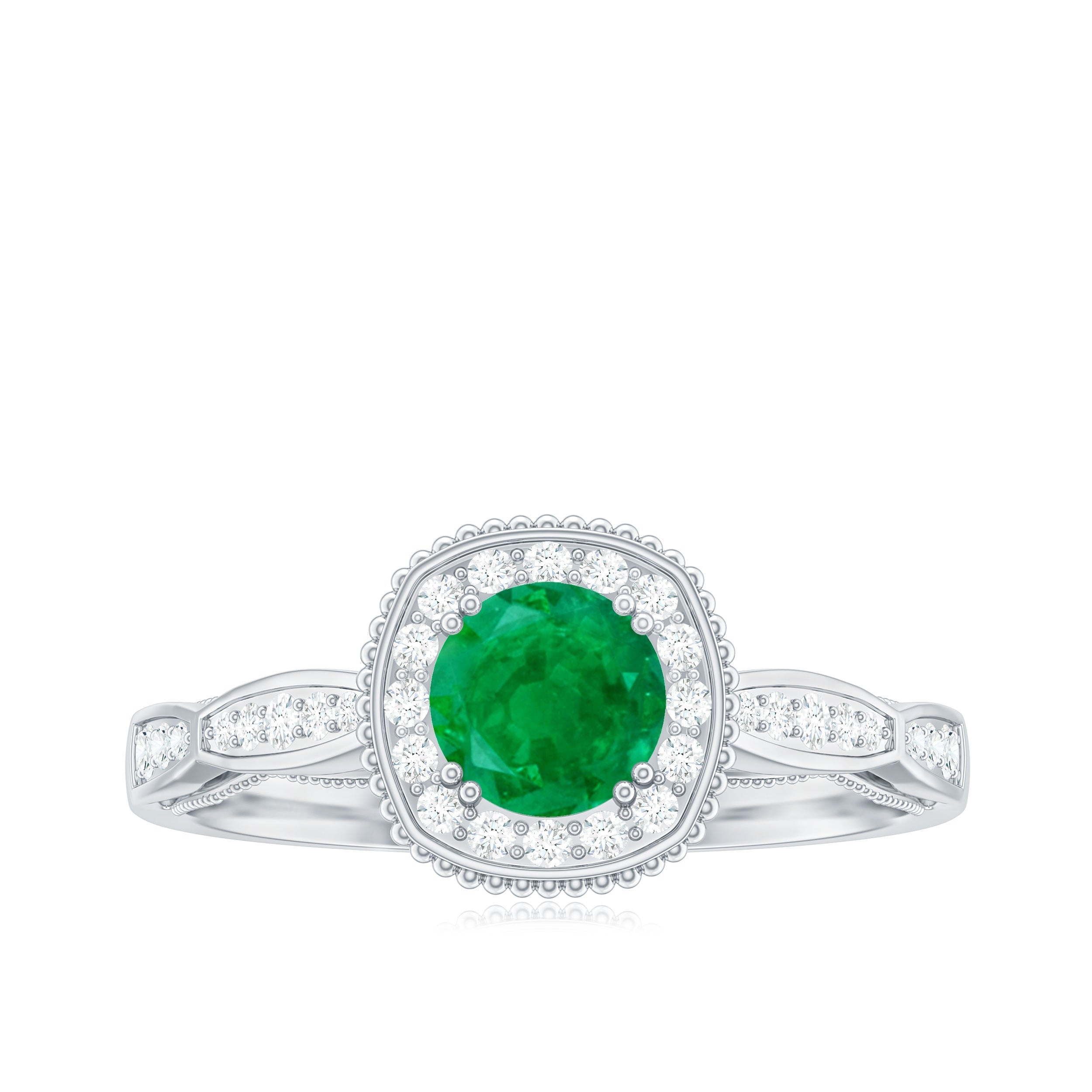Emerald Vintage Looking Engagement Ring with Diamond Halo