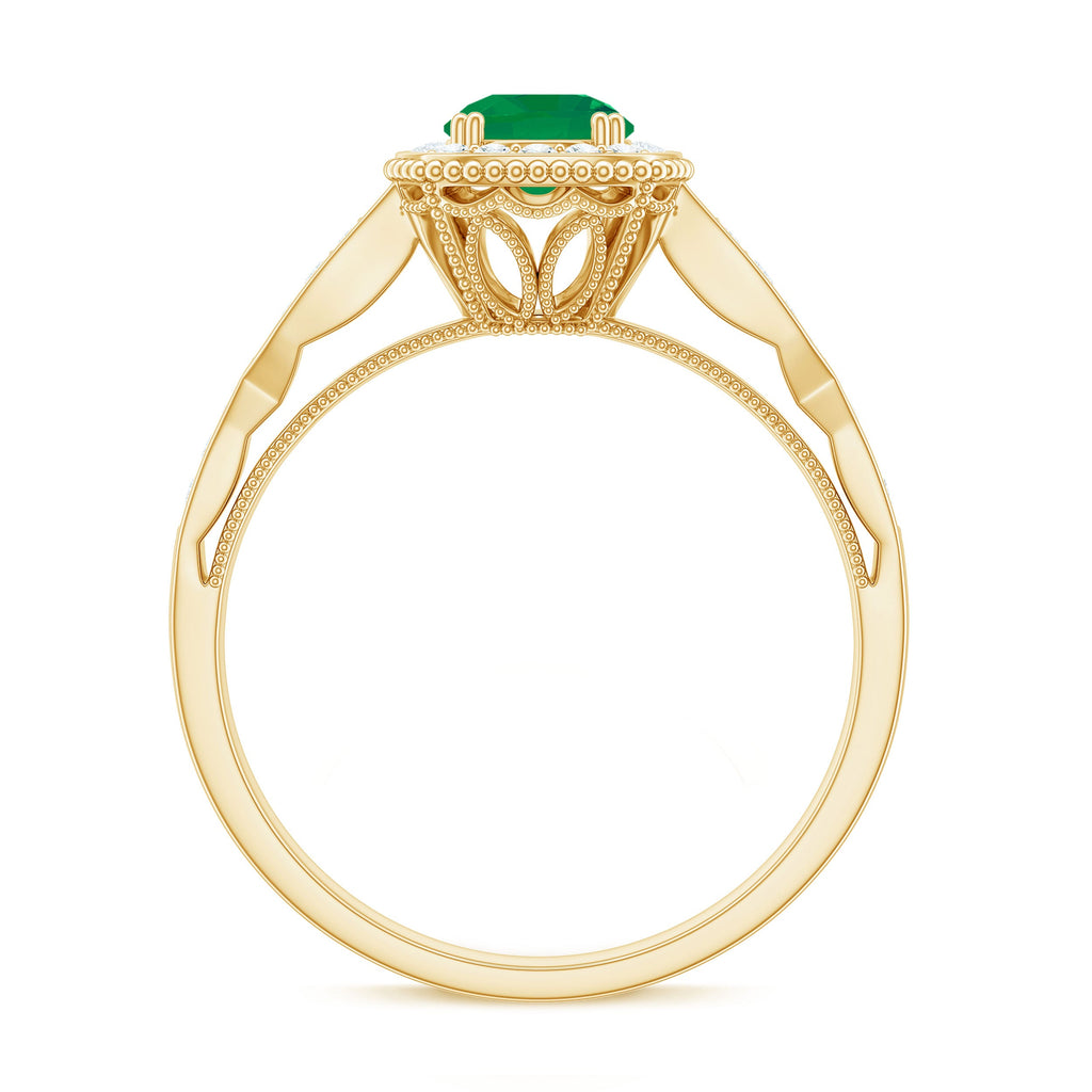Emerald Vintage Looking Engagement Ring with Diamond Halo