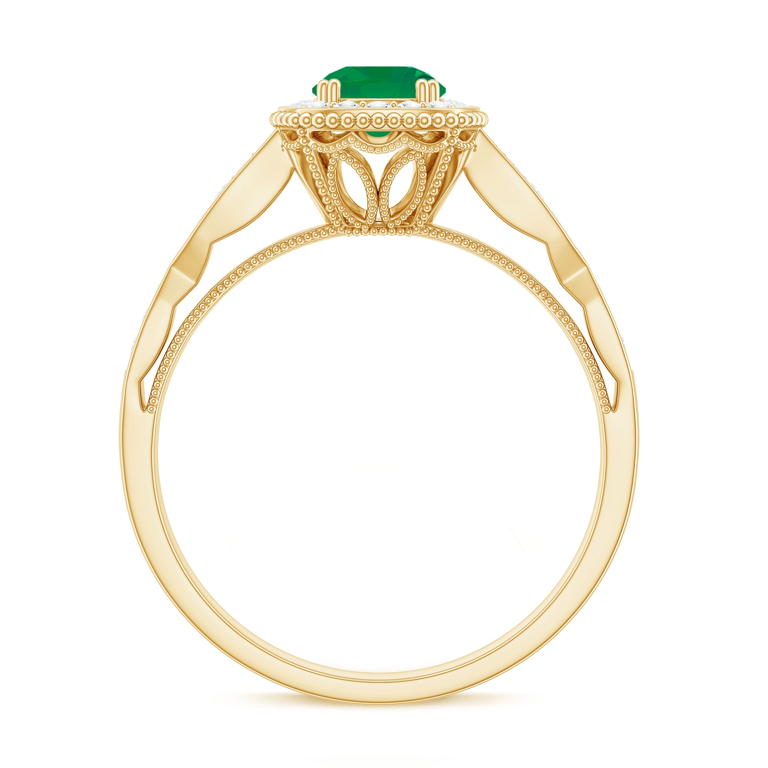 Emerald Vintage Looking Engagement Ring with Diamond Halo