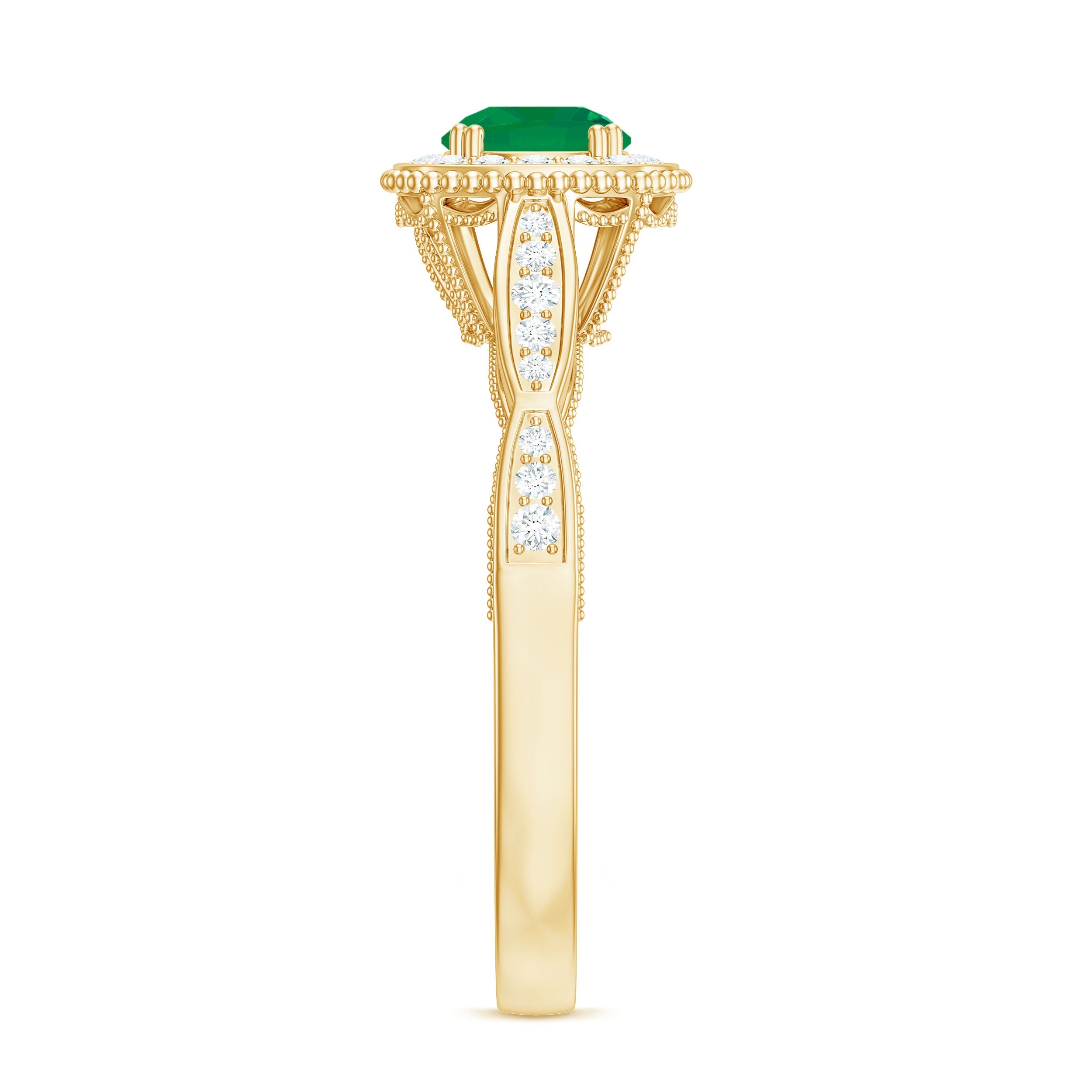 Emerald Vintage Looking Engagement Ring with Diamond Halo