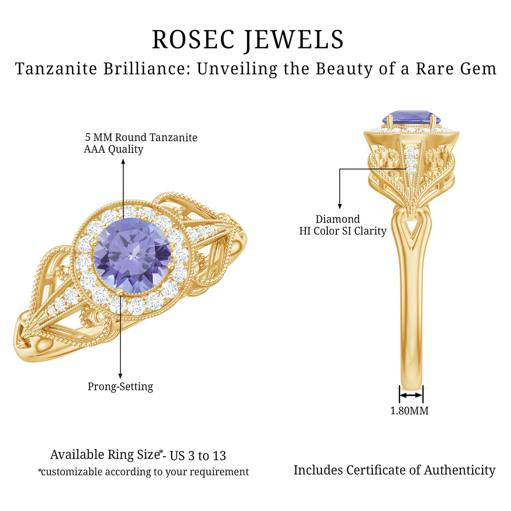 Natural Tanzanite Retro Engagement Ring with Diamond