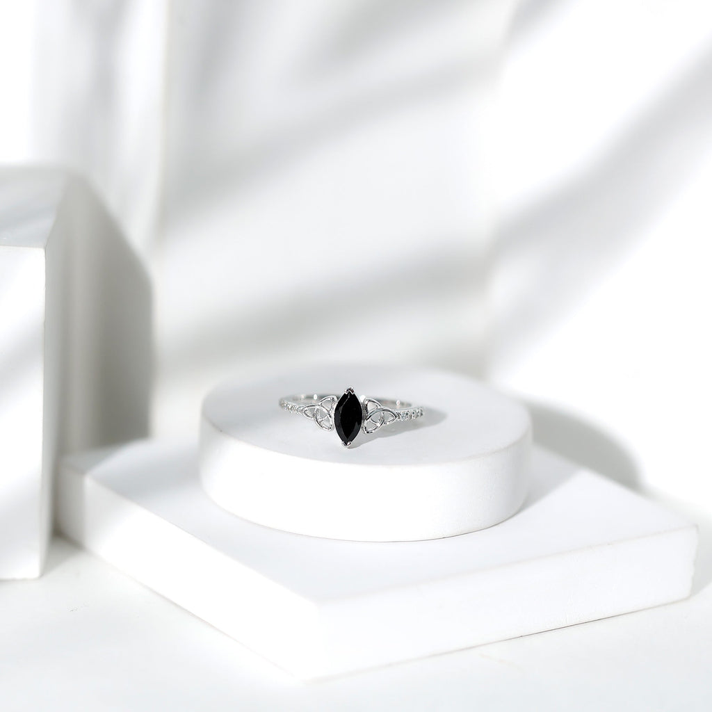 0.8 Carat Lab Grown Black and White Diamond Marquise Engagement Ring with Celtic Knot