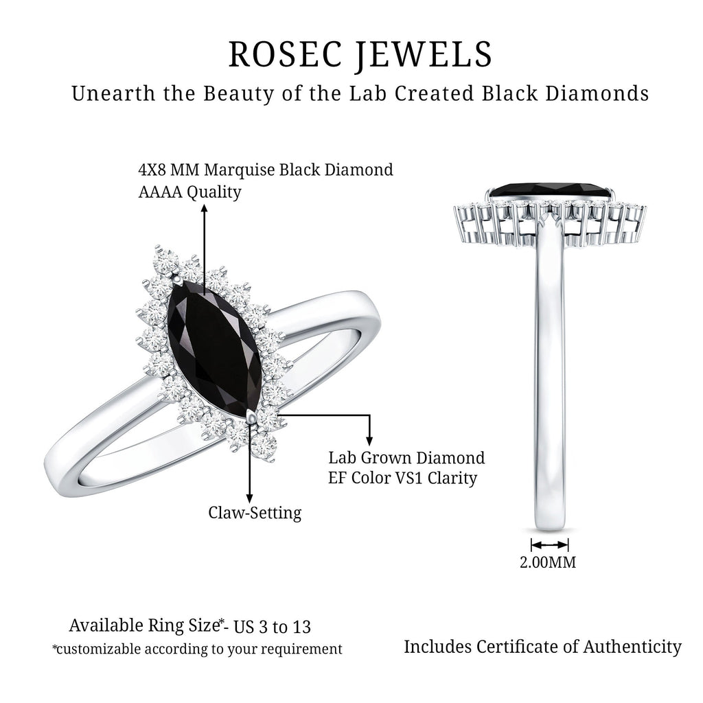 Certified 0.8 Carat Lab Grown Black Diamond Marquise Engagement Ring with Halo