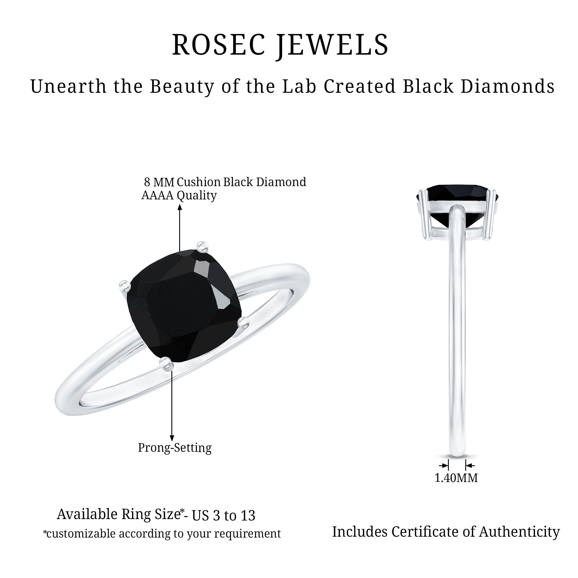 Certified 2.8 Carat Lab Grown Black Diamond Cushion Cut Engagement Ring