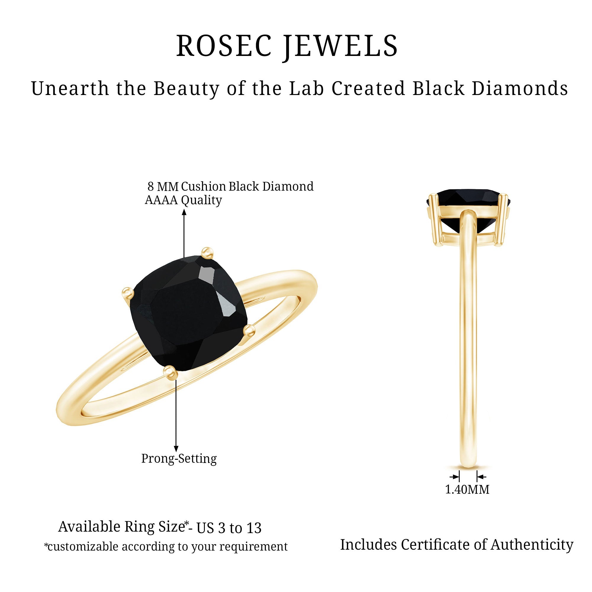 Certified 2.8 Carat Lab Grown Black Diamond Cushion Cut Engagement Ring