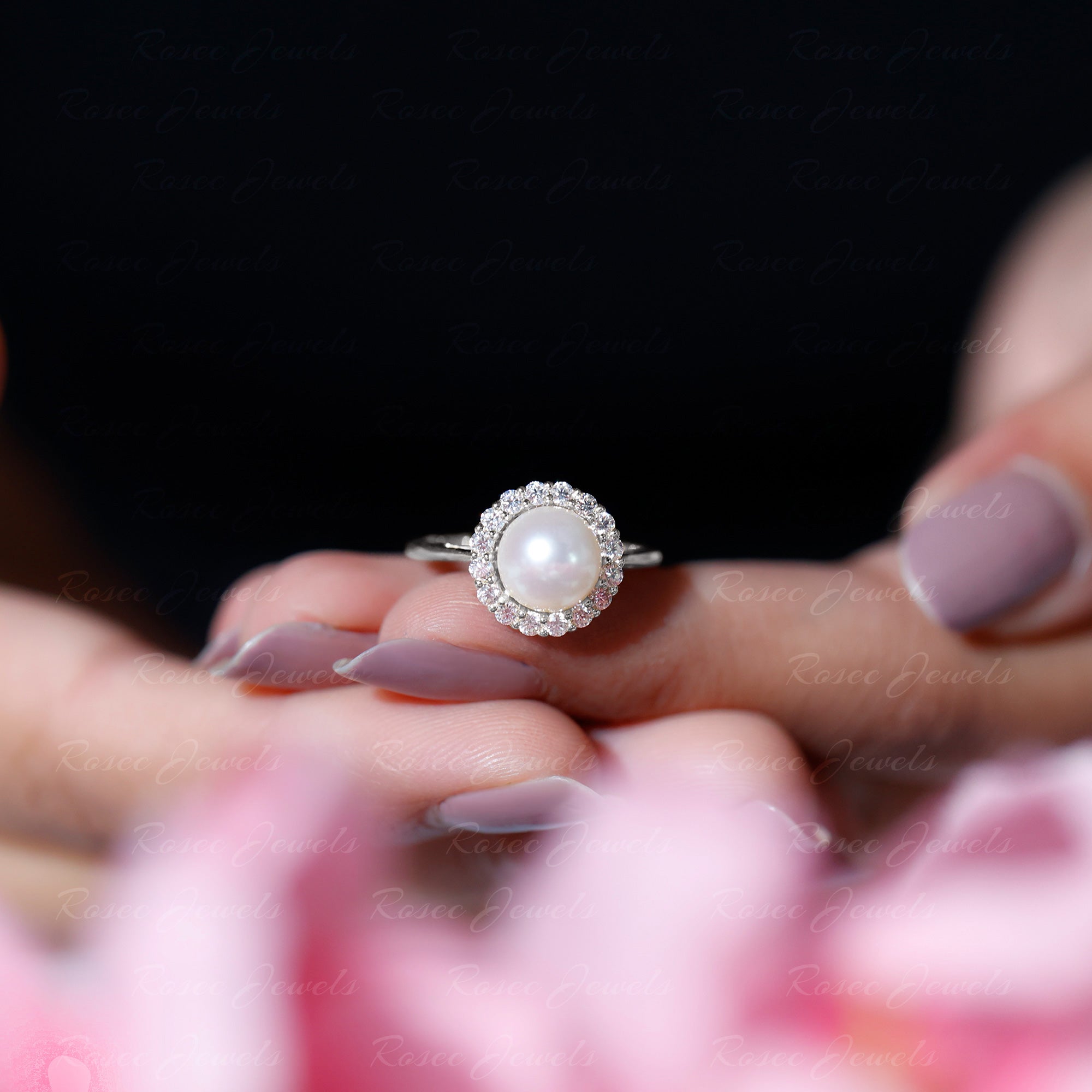 Real 7.4 Carat Freshwater Pearl Engagement Ring with Diamond Halo