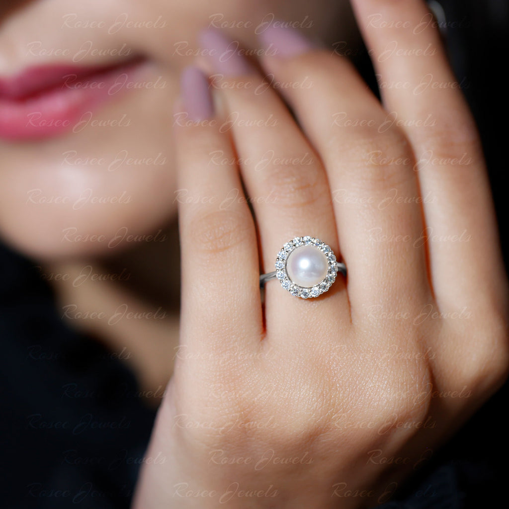 Real 7.4 Carat Freshwater Pearl Engagement Ring with Diamond Halo